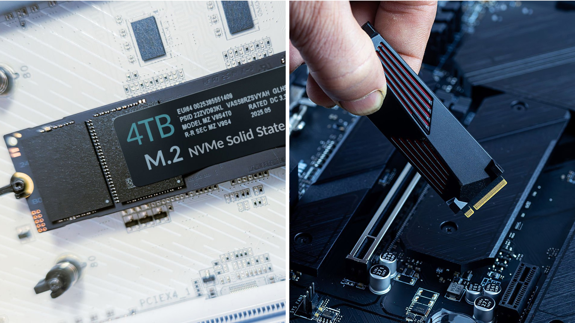 A person installing an M.2 NVMe solid state drive onto a computer motherboard.