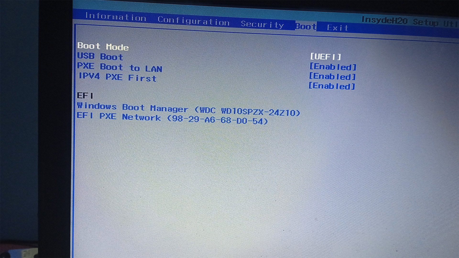Insydeh20 BIOS setup utility configuration menu showing boot mode and priority settings.