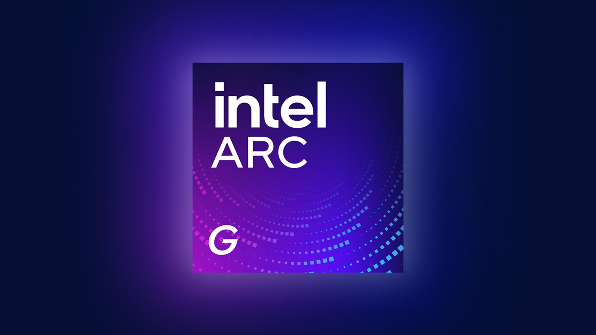 Intel Arc G processor logo on a glowing blue and purple background.