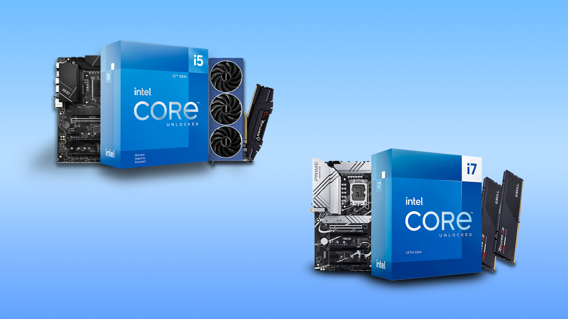 Intel Core i5 and i7 processor boxes displayed alongside motherboards and RAM.