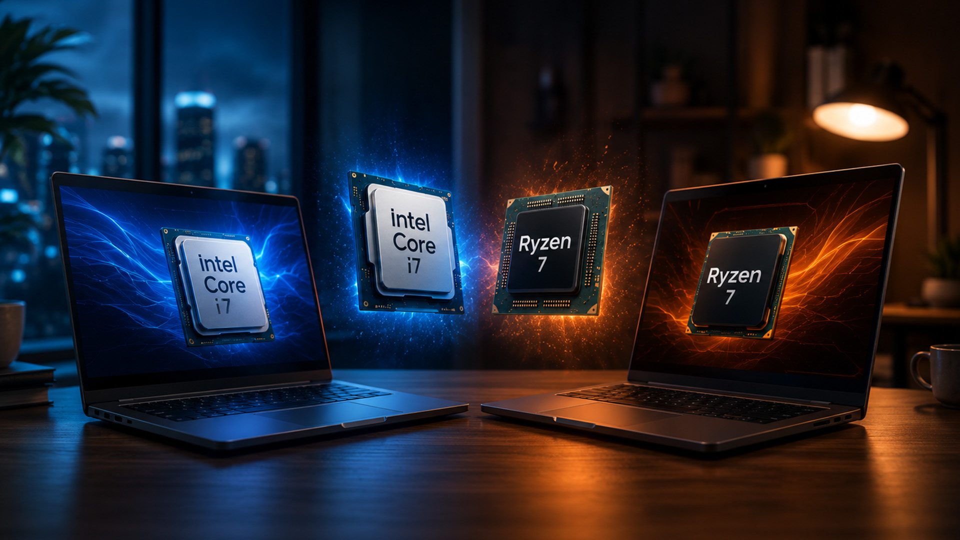 Intel Core i7 and AMD Ryzen 7 processor chips sitting side by side.