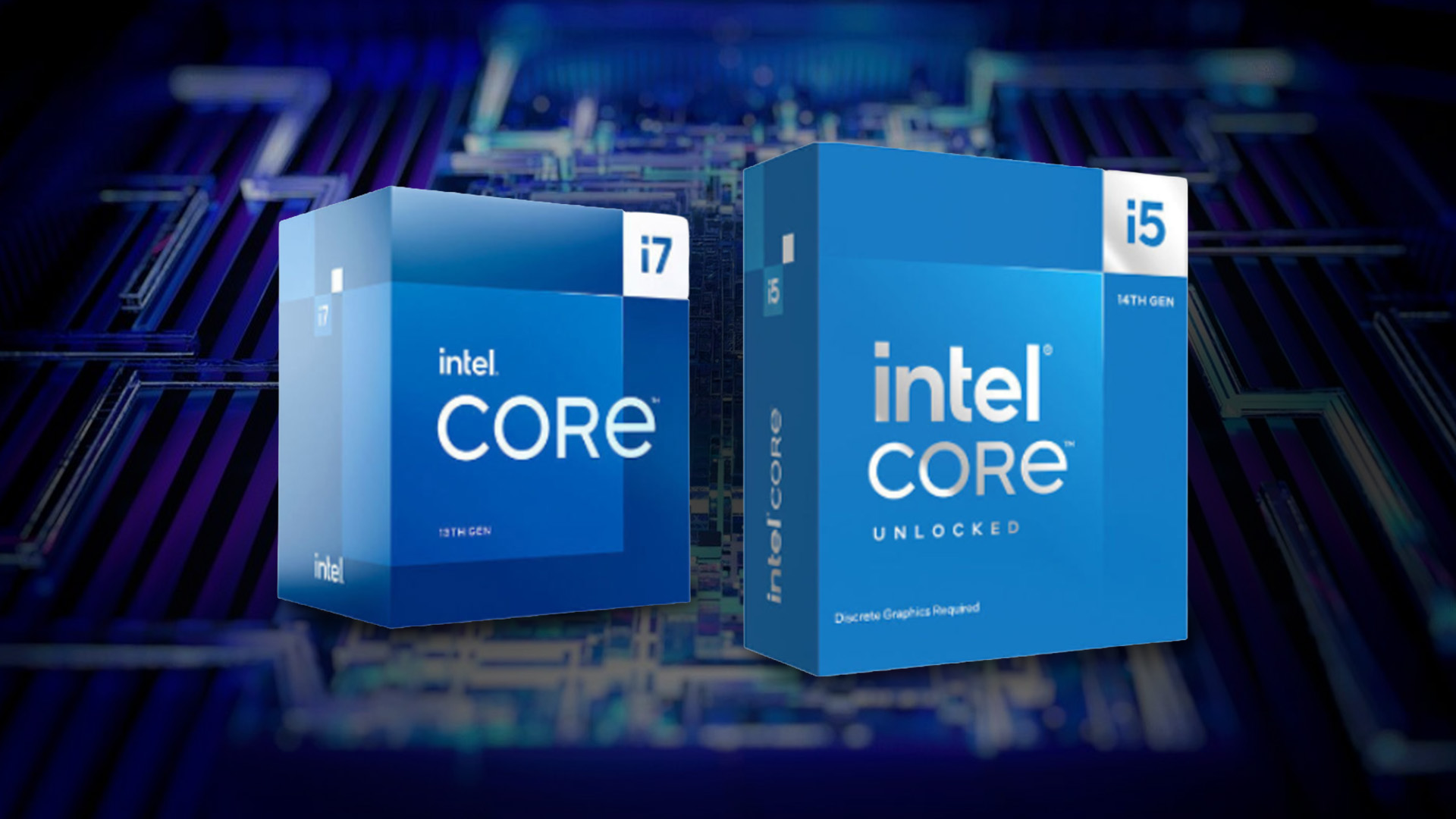 Intel Core i7 and i5 retail boxes placed against a glowing tech background.