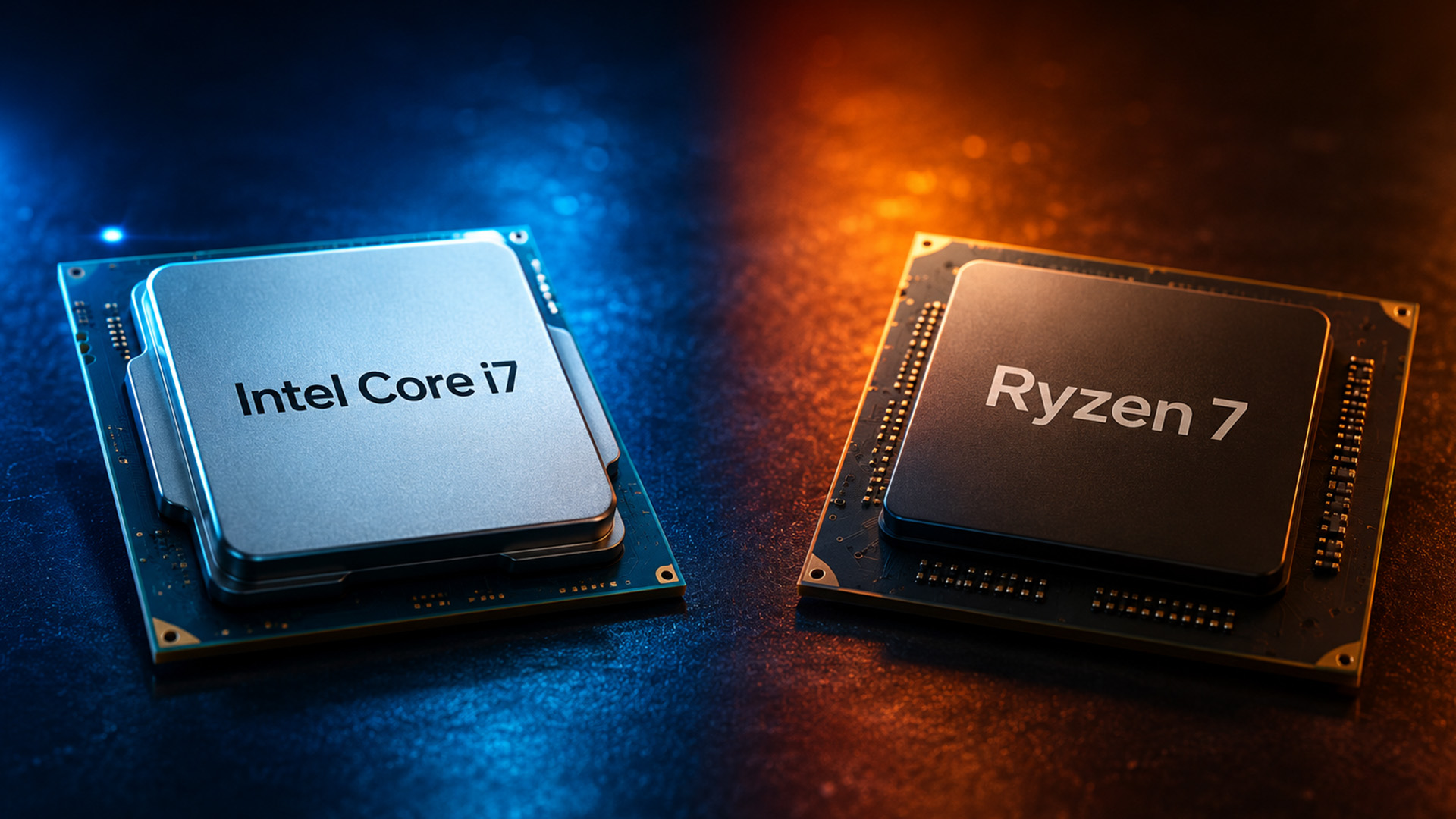 Intel Core i7 and AMD Ryzen 7 laptops side by side on a desk.