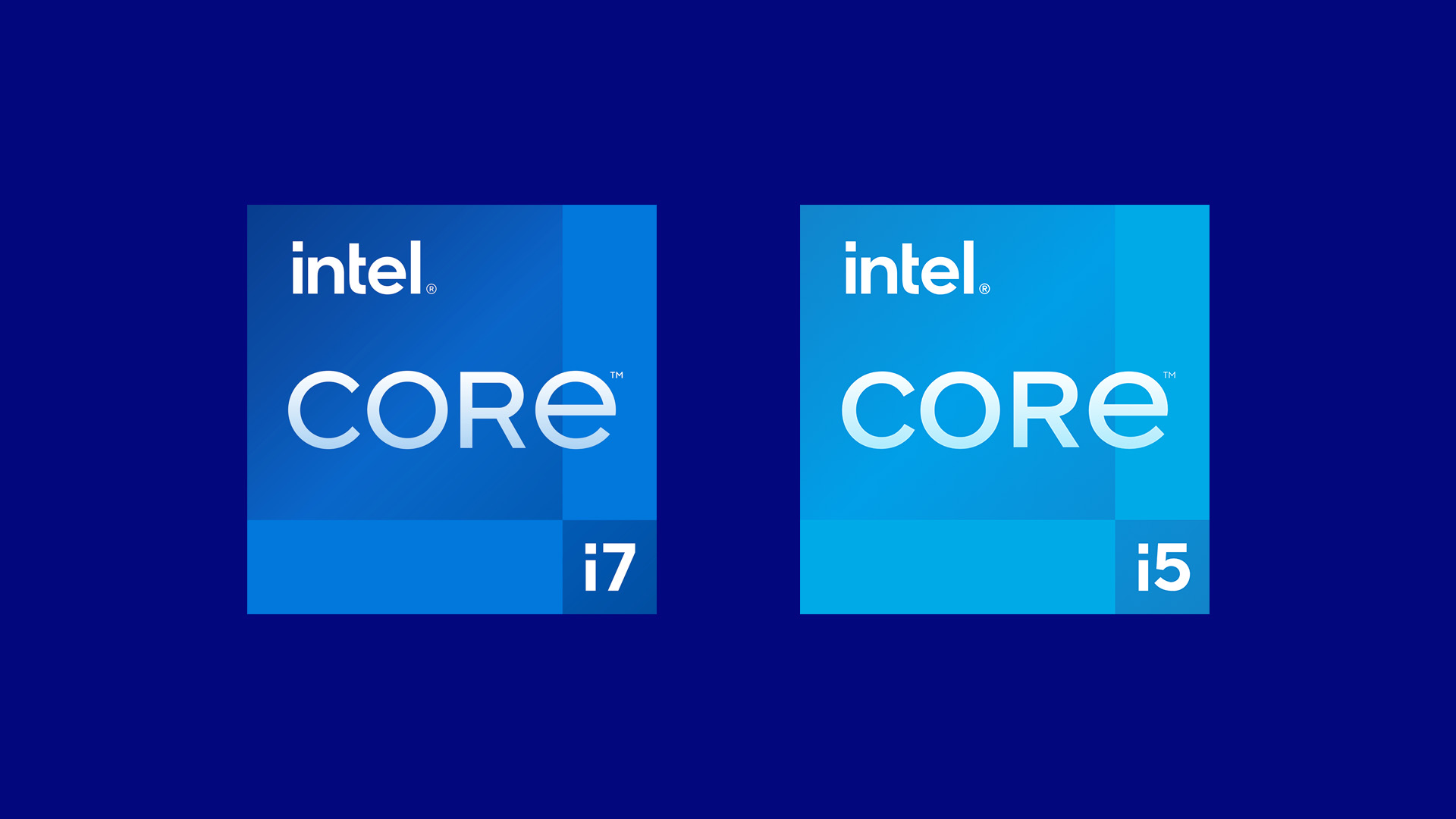 Intel Core i7 and Core i5 logos side-by-side against a dark blue background.