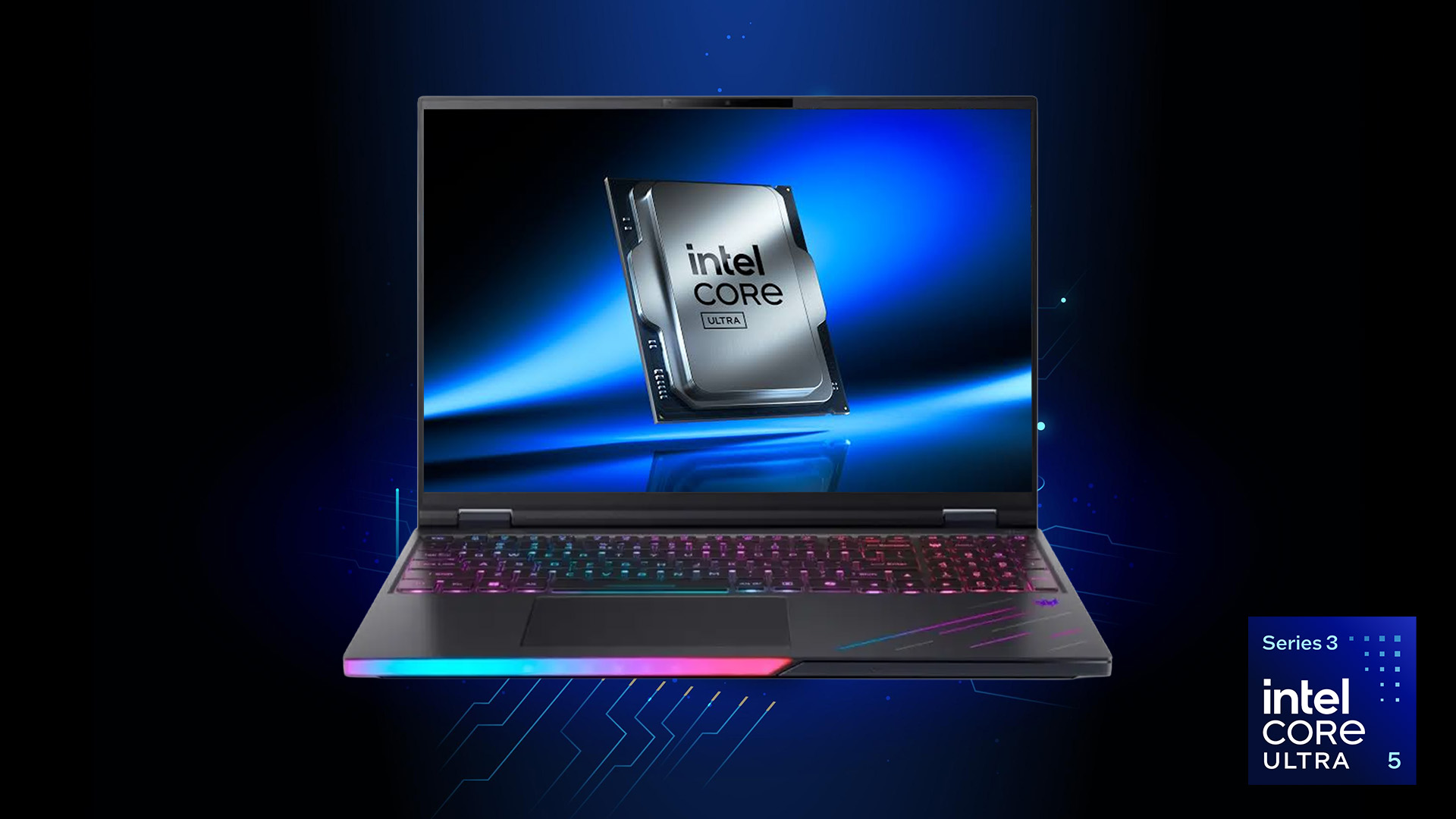RGB gaming laptop displaying an Intel Core Ultra processor on its screen.