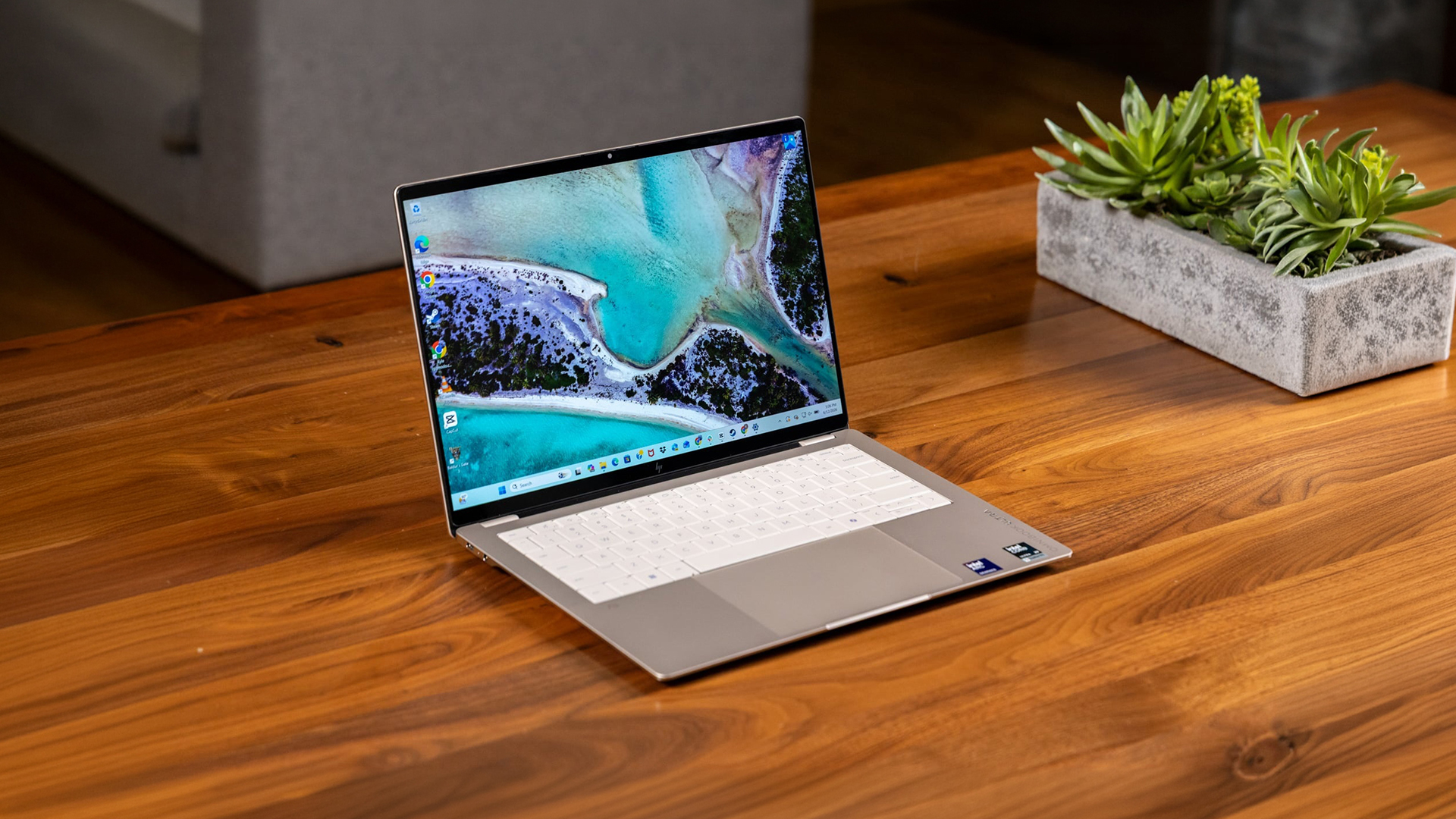 Open silver laptop on a wooden table beside a small potted plant.