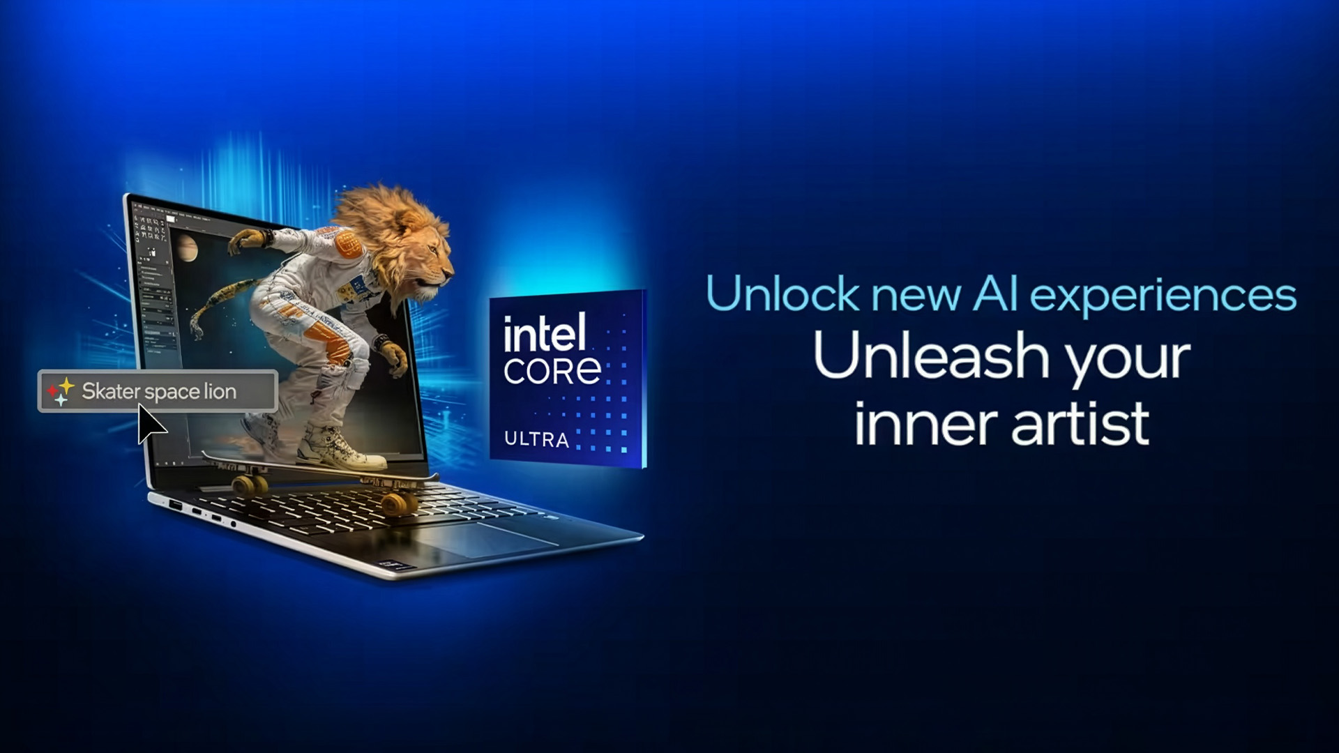 An AI-generated skater space lion on an Intel Core Ultra laptop screen, showcasing creative AI experiences.