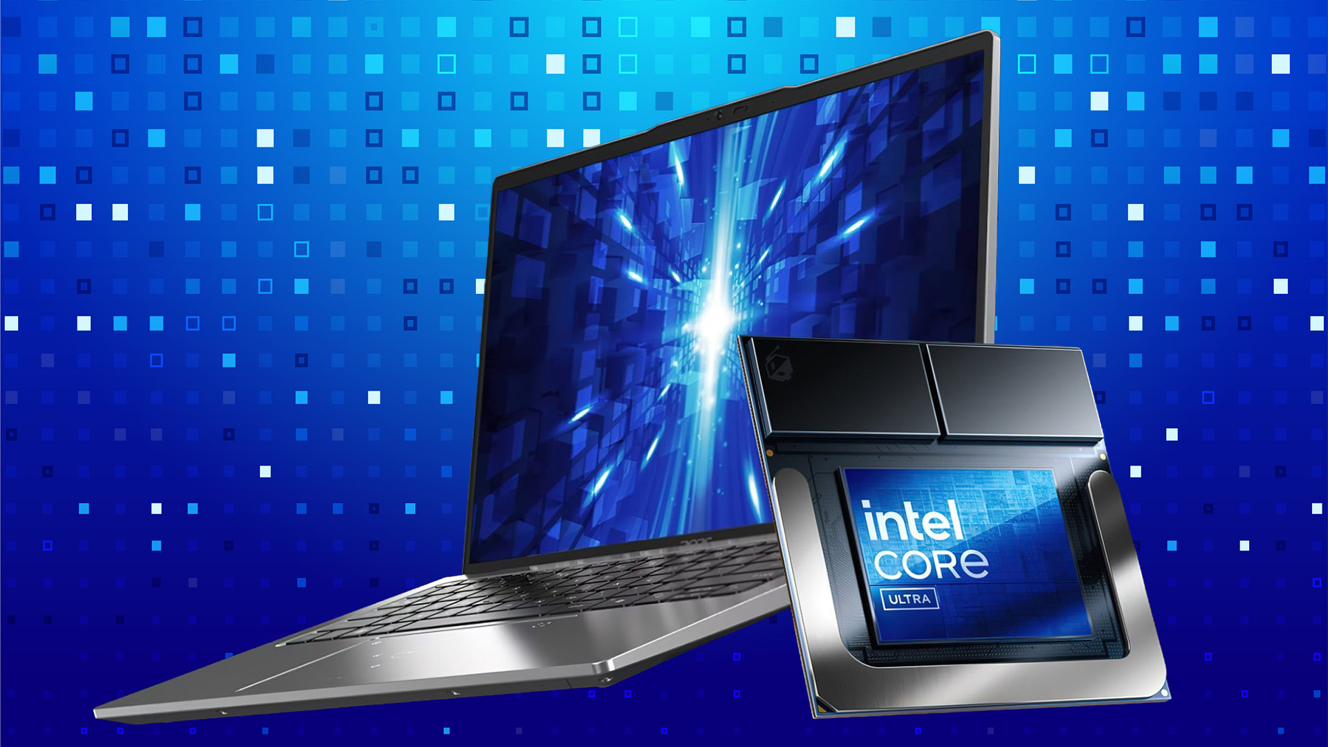 Intel Core Ultra processor chip displayed alongside a modern laptop, highlighting integrated NPU technology