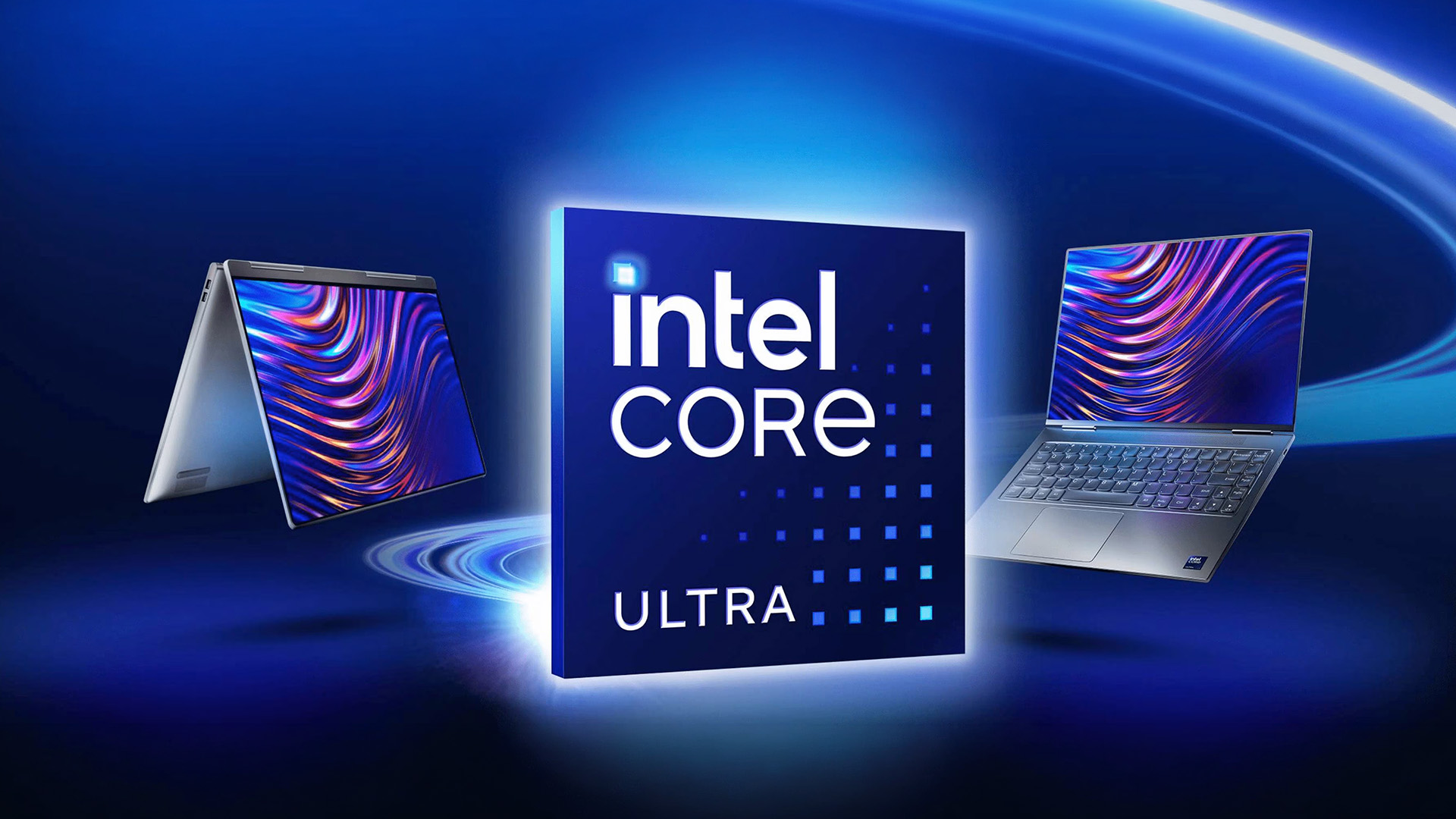 Intel Core Ultra processor branding surrounded by laptop models to showcase AI capabilities.