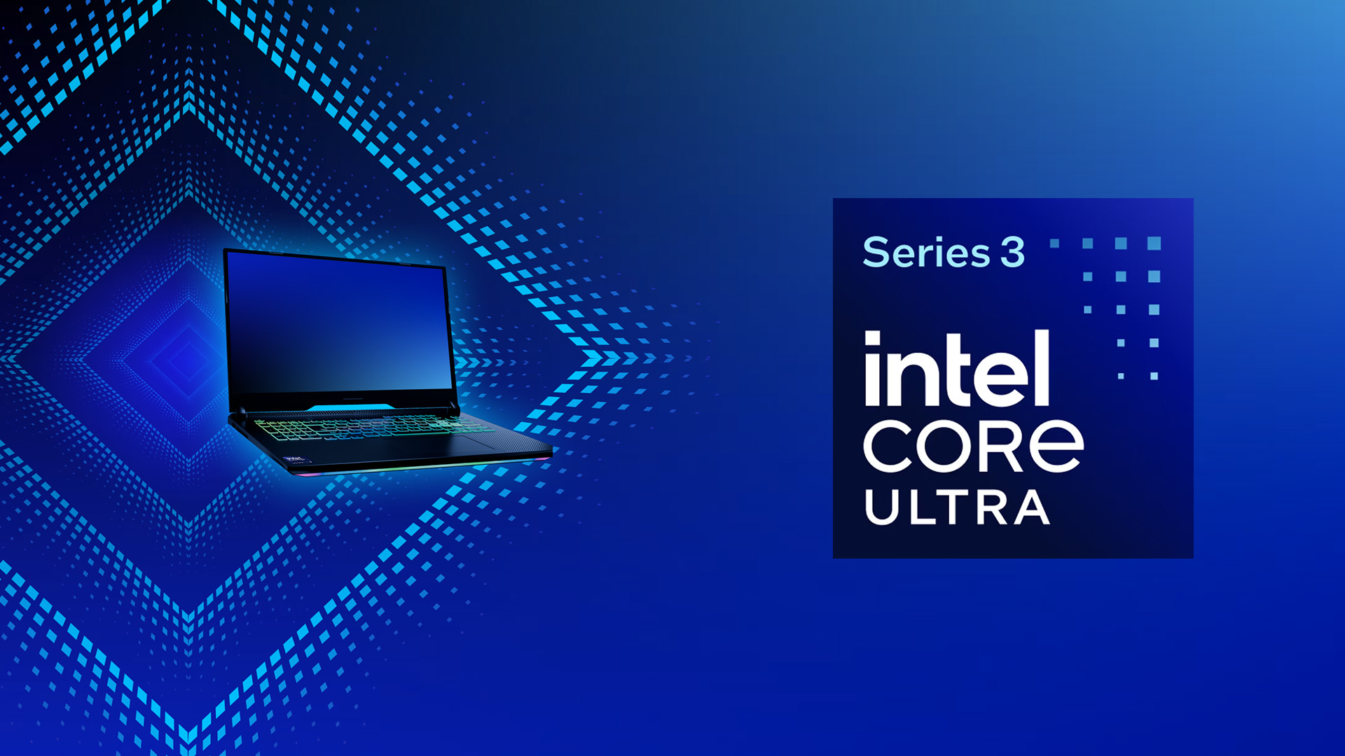 A glowing gaming laptop displayed next to the Intel Core Ultra Series 3 logo.
