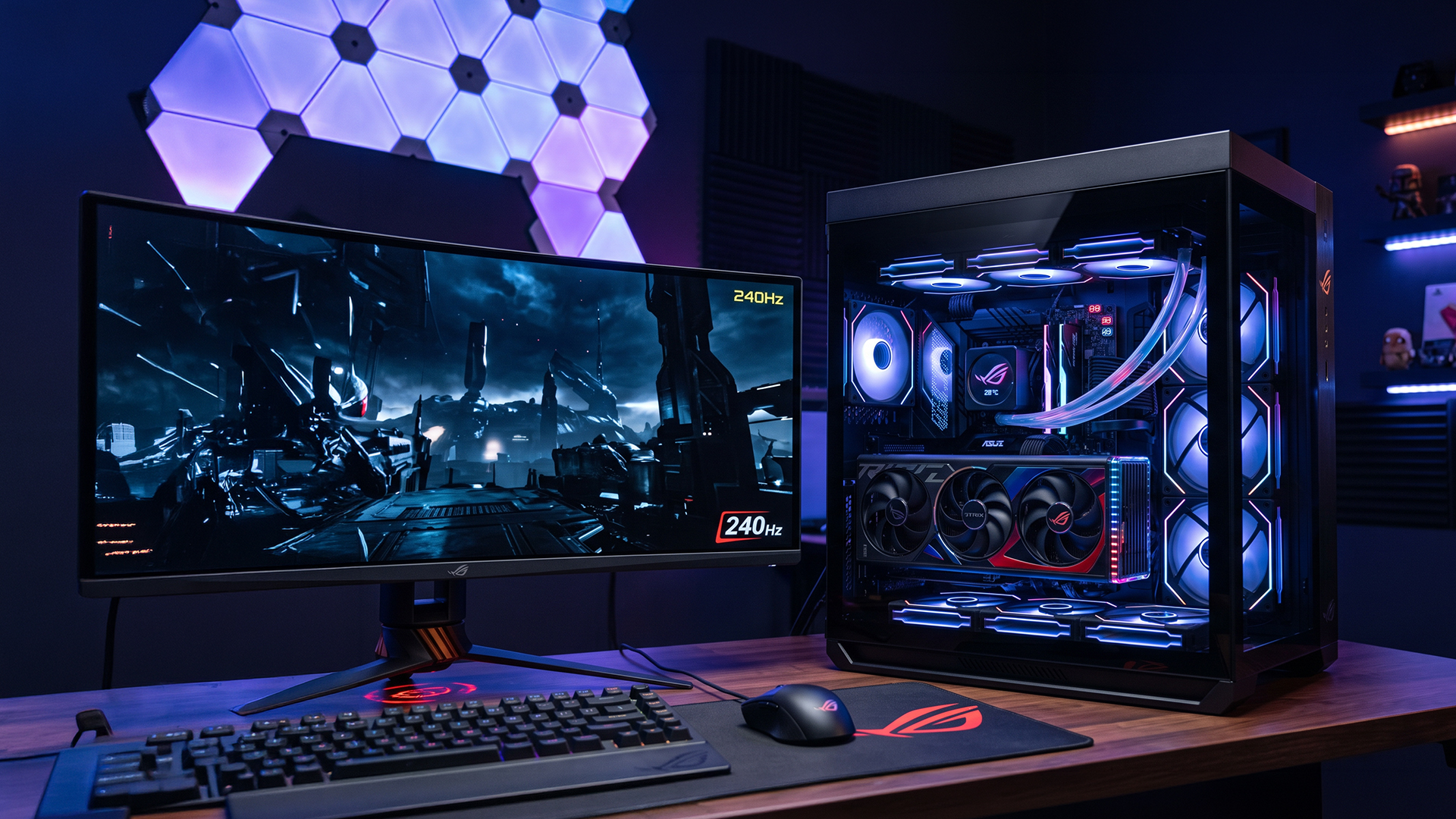An Intel gaming desktop and a 240Hz monitor set up on a wooden desk with wall lighting.