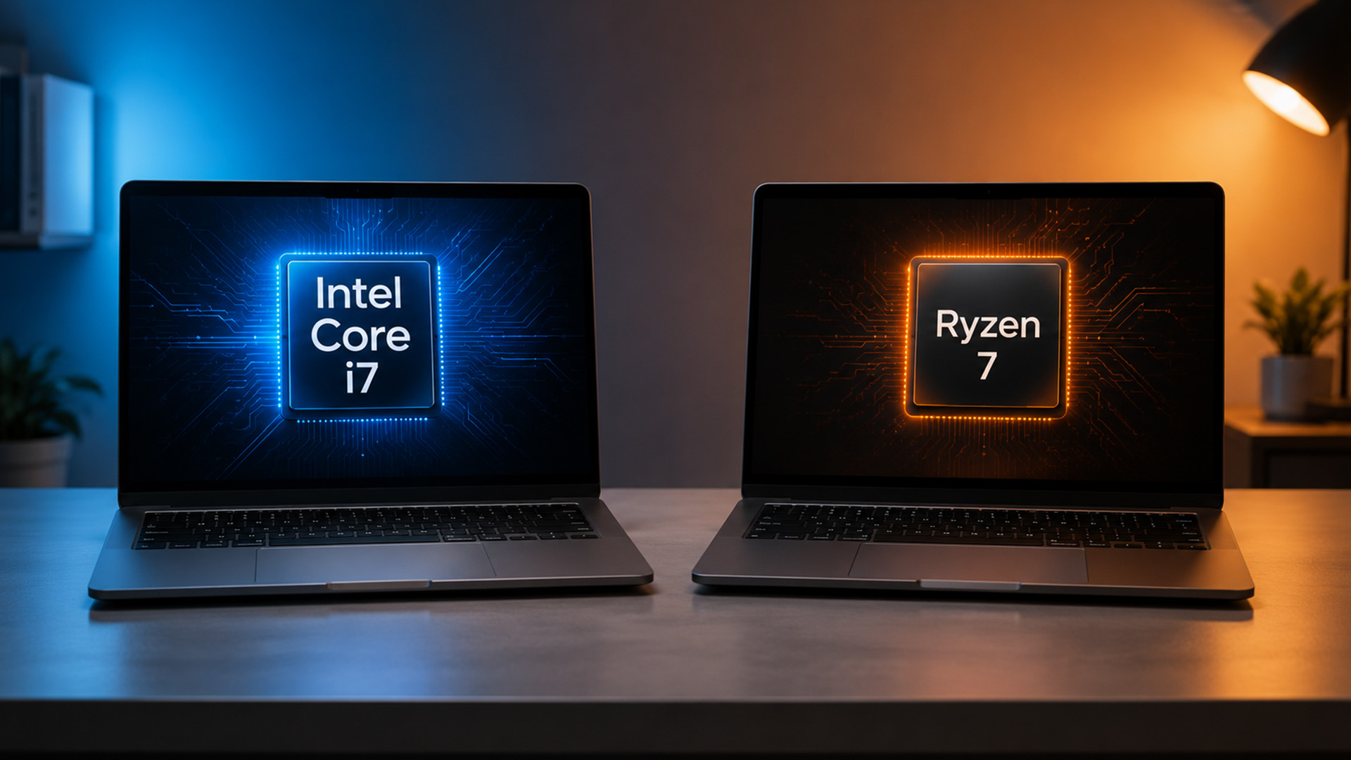 Two laptops displaying glowing Intel Core i7 and AMD Ryzen 7 processors on a desk.