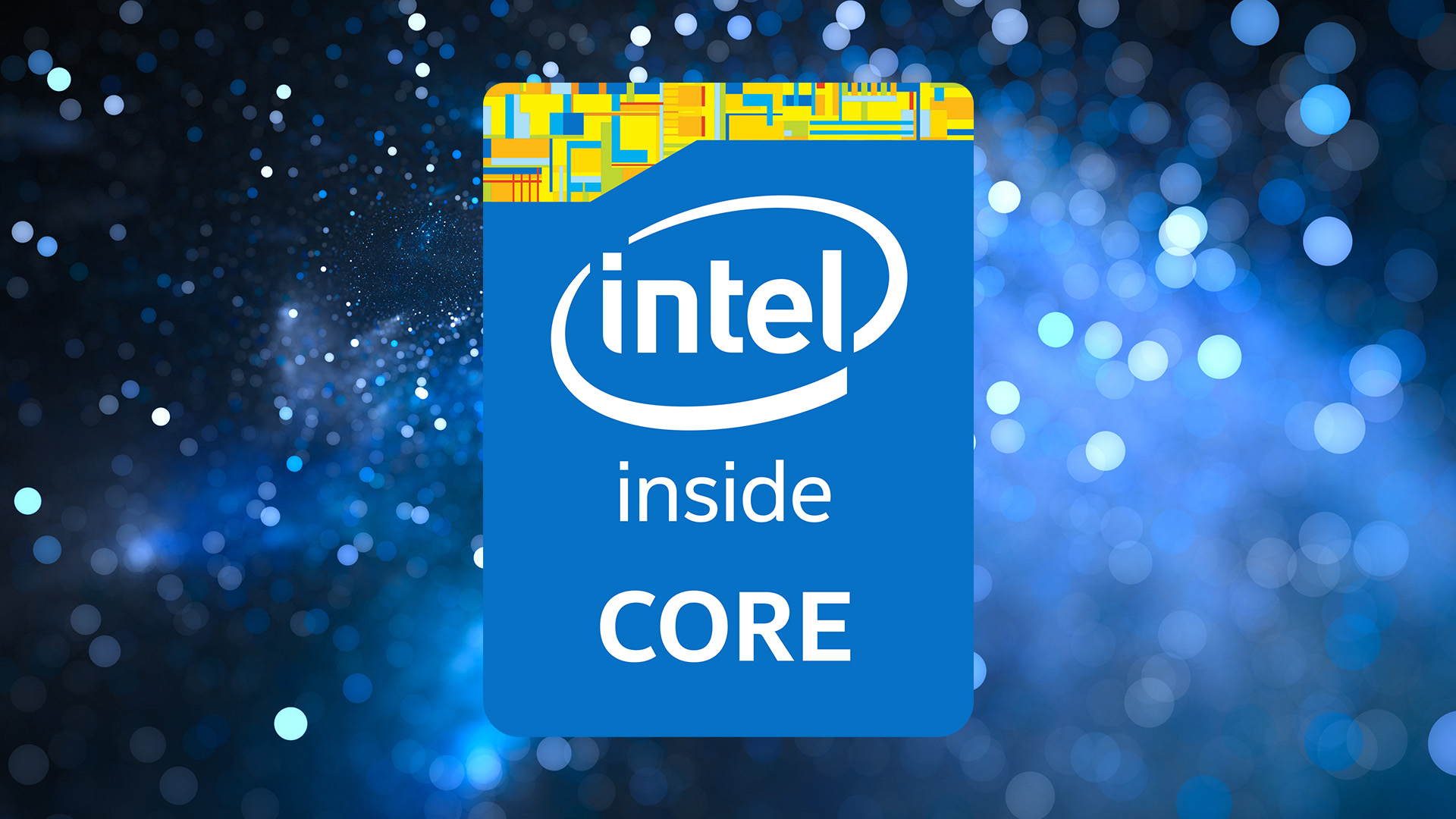 An Intel Inside Core processor badge set against a blue abstract bokeh background.