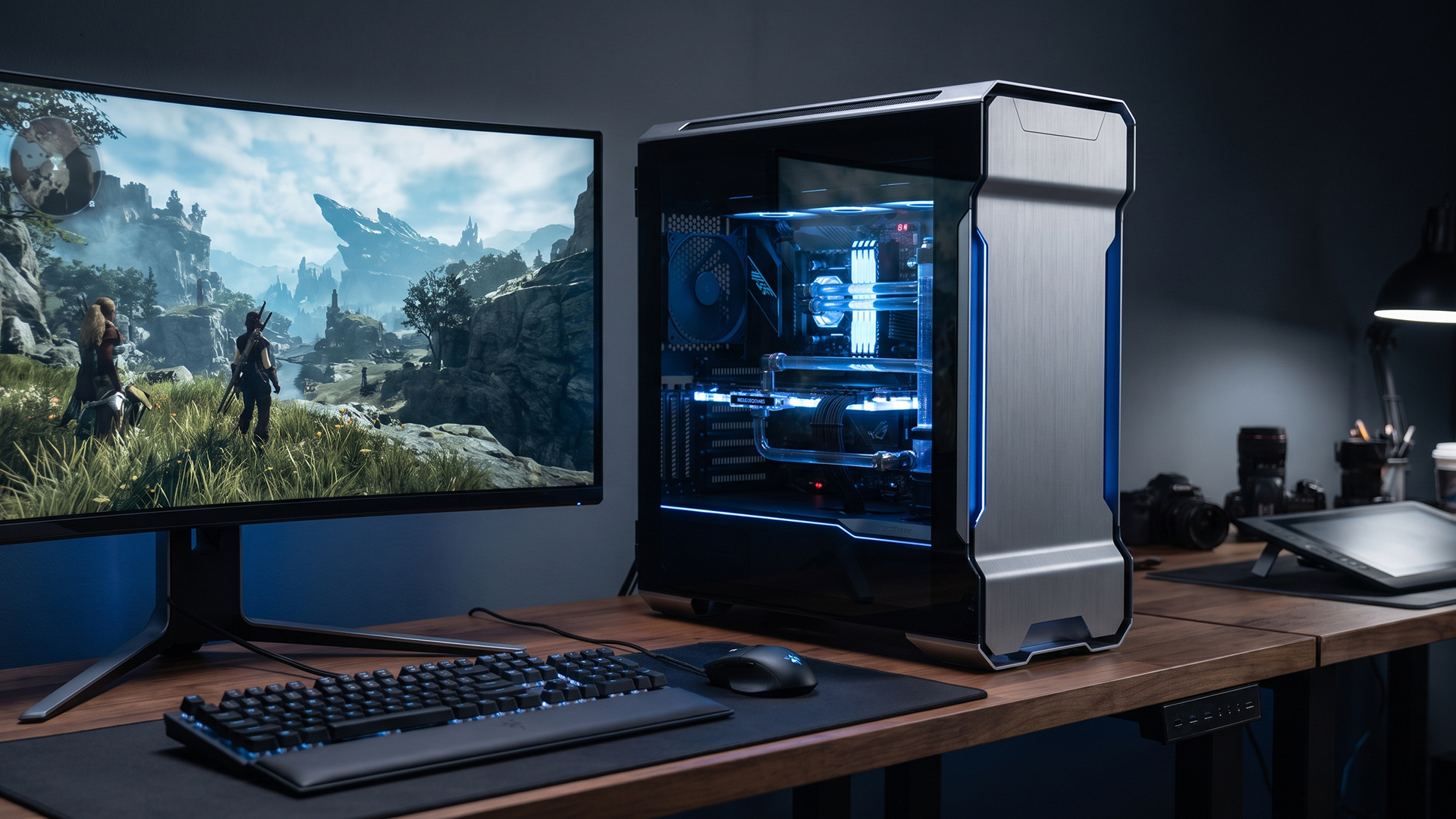 An Intel performance gaming PC setup featuring liquid cooling and a wide display.