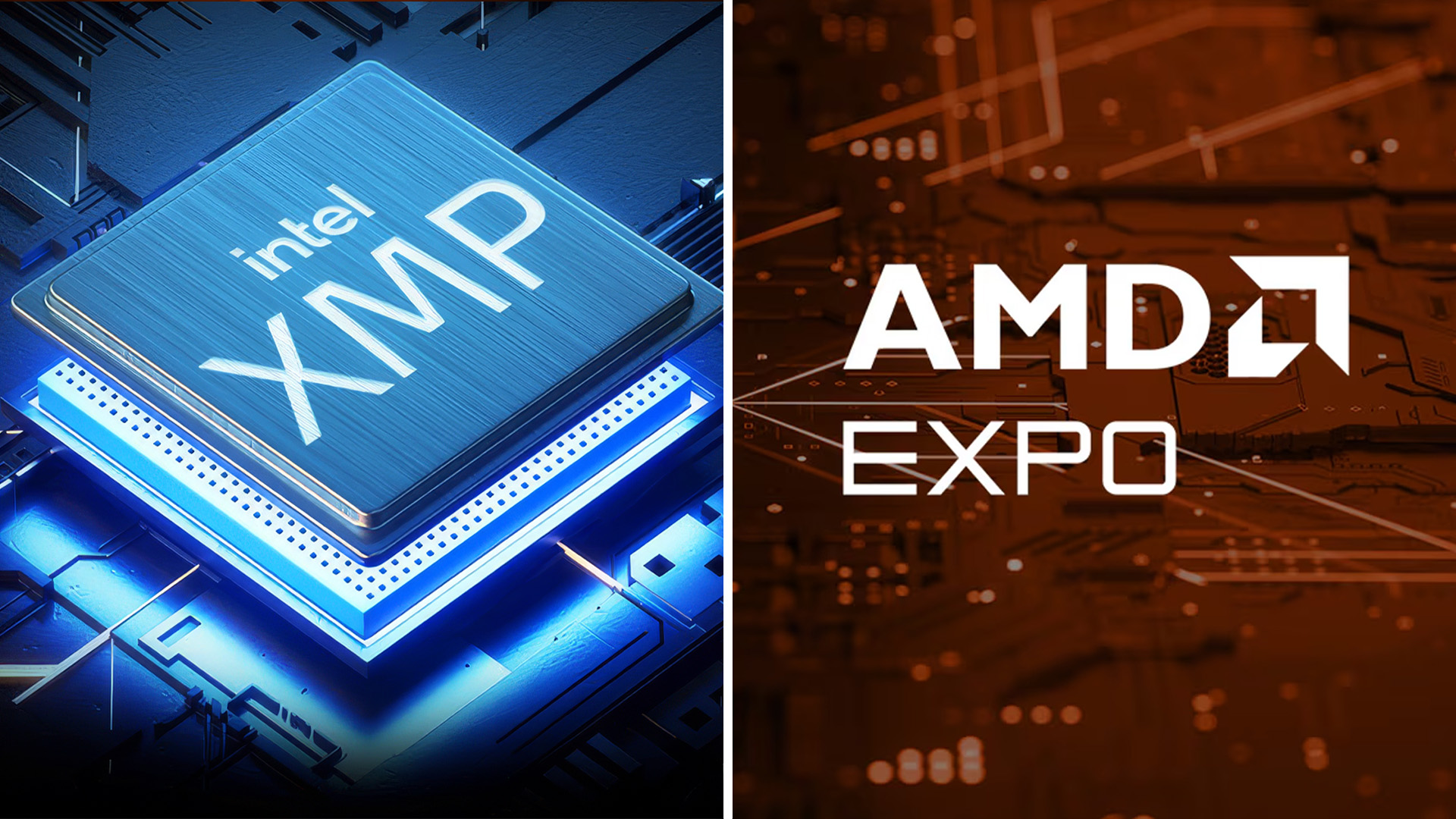 A side-by-side comparison of the Intel XMP and AMD EXPO technology logos.