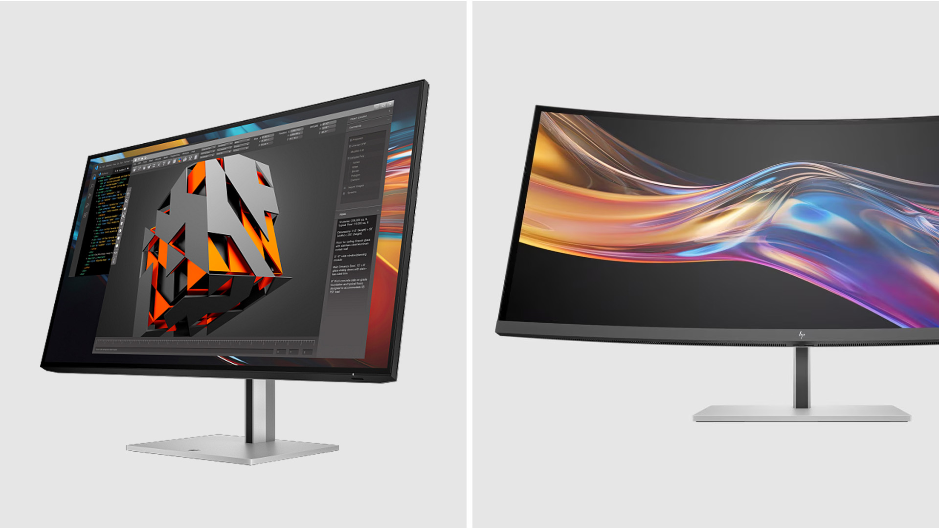Side-by-side comparison of a flat IPS monitor and a curved VA monitor displaying graphics.