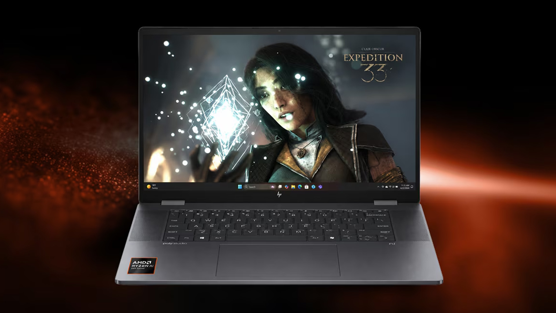 A laptop screen showing a detailed character portrait from a fantasy game.