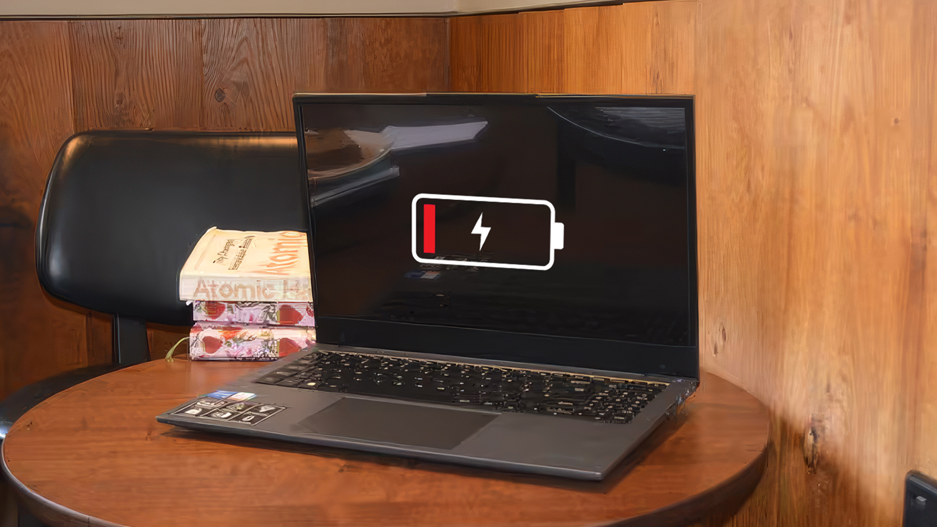 Laptop on a wooden desk showing a low battery warning icon on screen.