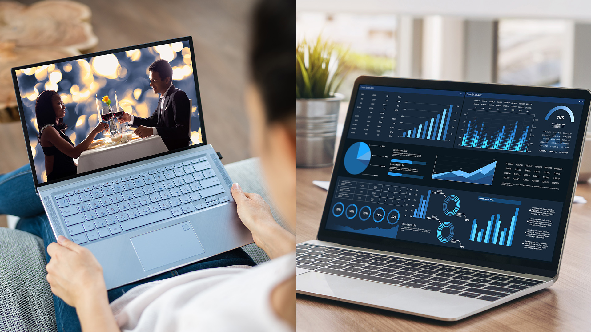 A split view showing a laptop streaming video and another displaying financial charts.