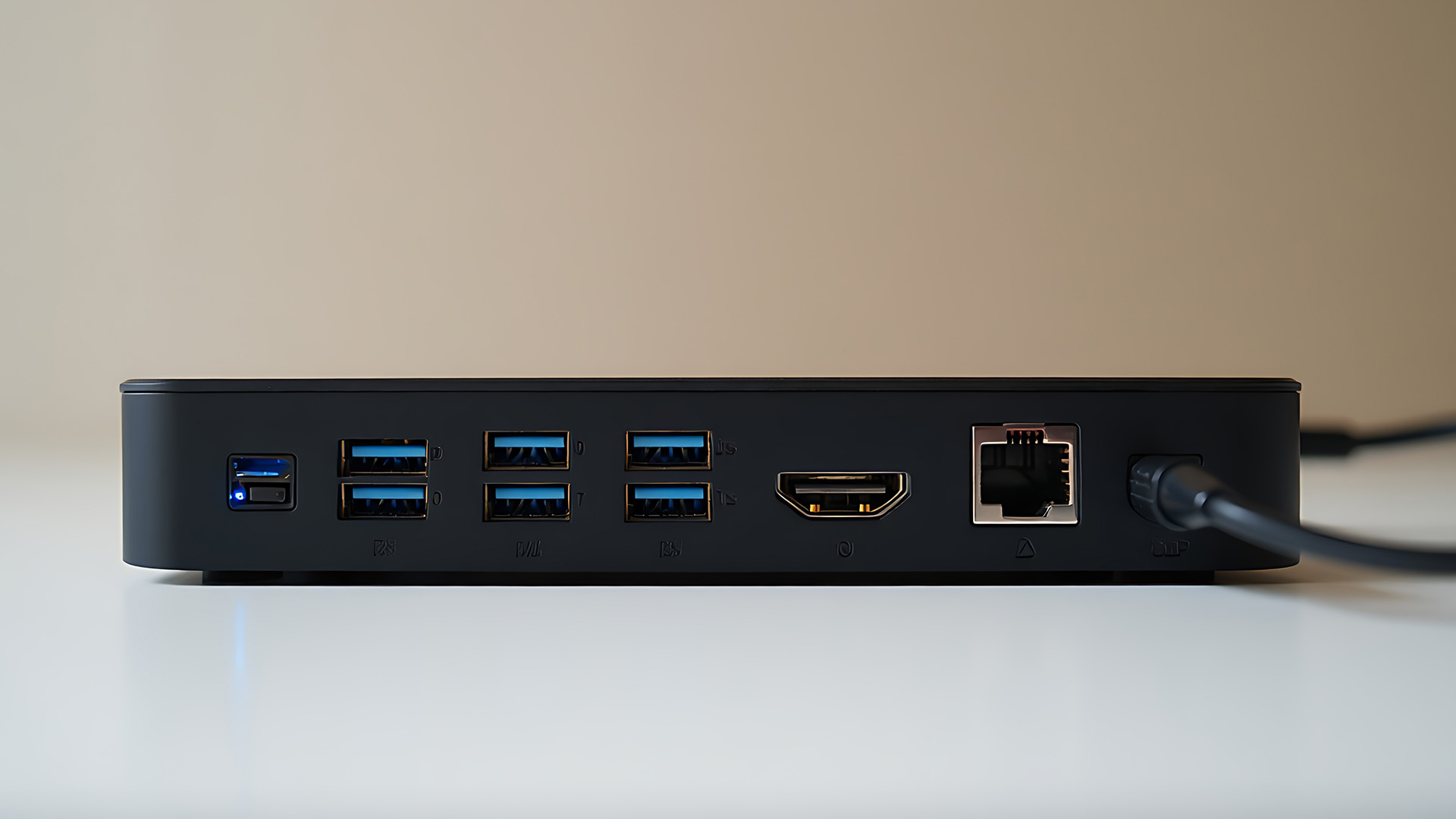 Rear view of a laptop docking station showing multiple USB and ethernet ports.