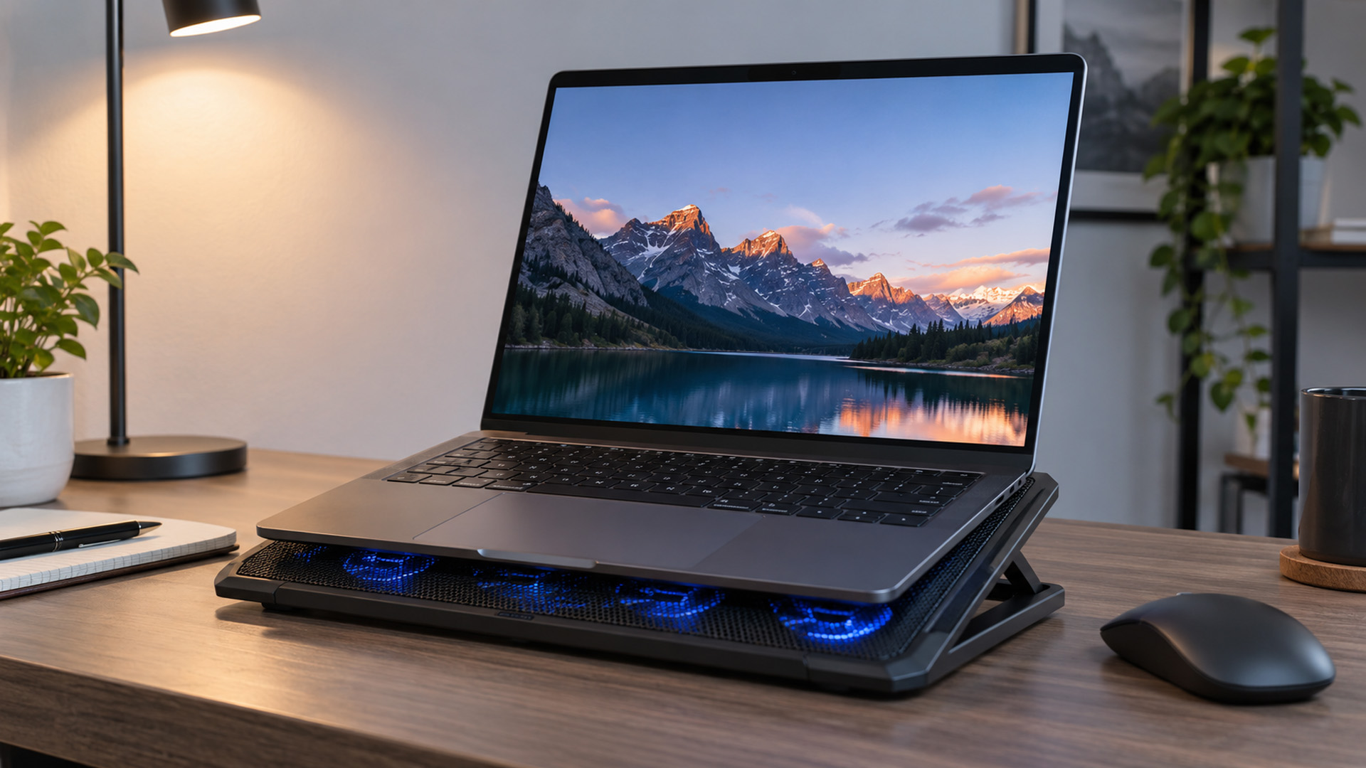 A sleek laptop set up on an active cooling pad on a wooden office desk next to a lamp.
