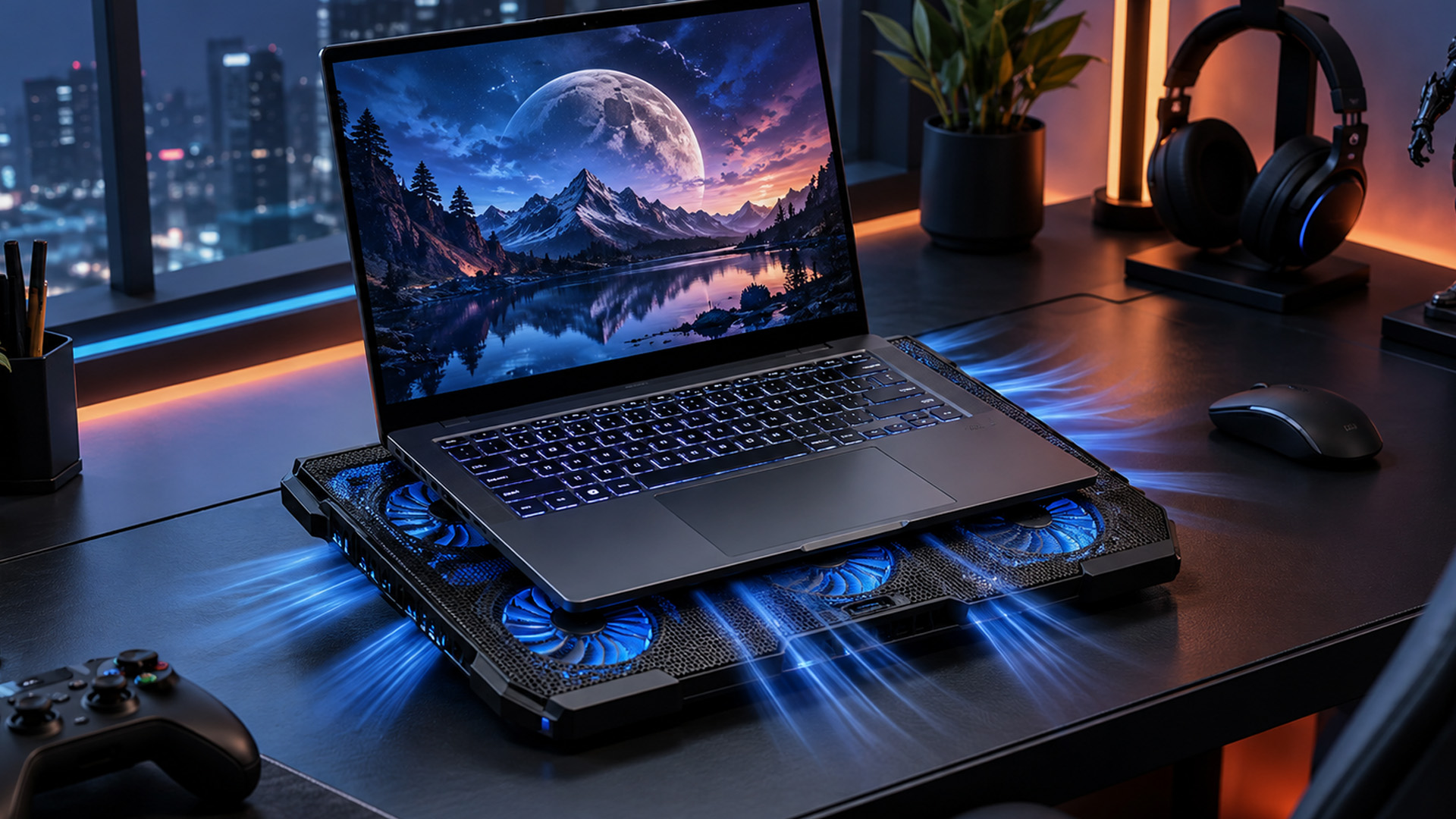A modern laptop placed on an active cooling pad with glowing blue fans on a dark desk.