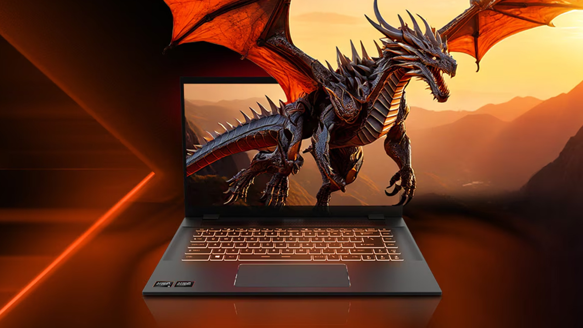 A gaming laptop displaying a dynamic 3D dragon graphic emerging from the screen.