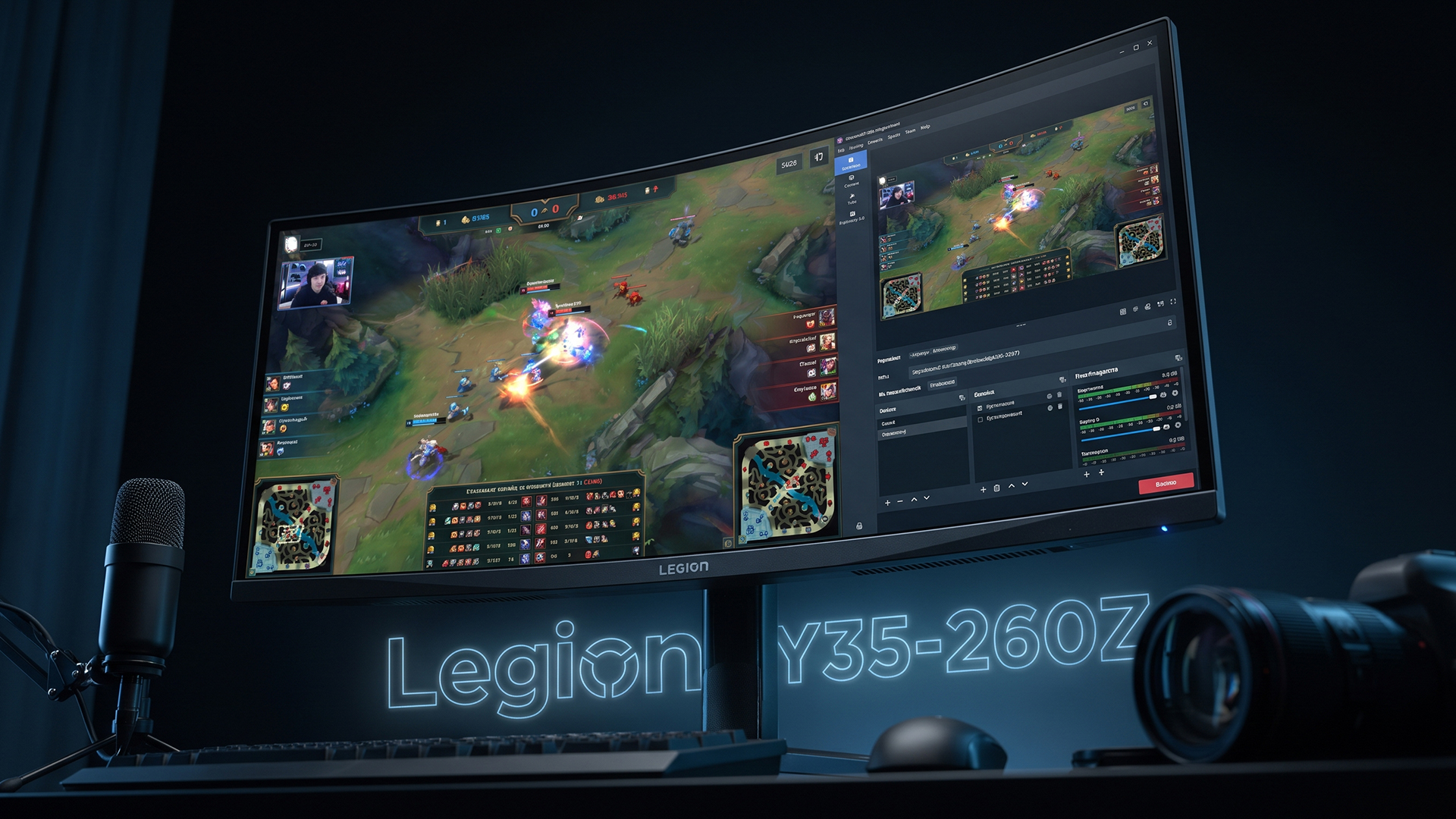 A curved Lenovo Legion monitor showing gameplay and streaming software layout.