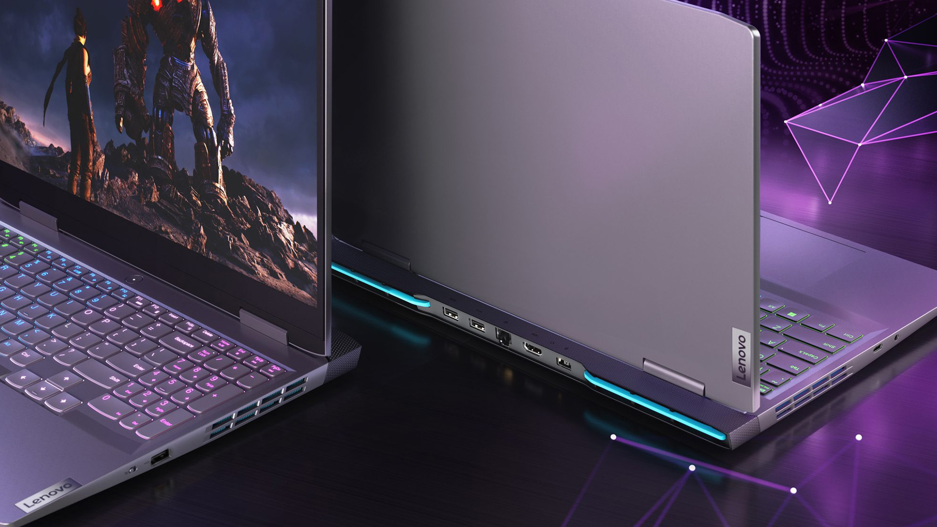Rear view of a Lenovo Legion gaming laptop showing connectivity ports and glowing vents.