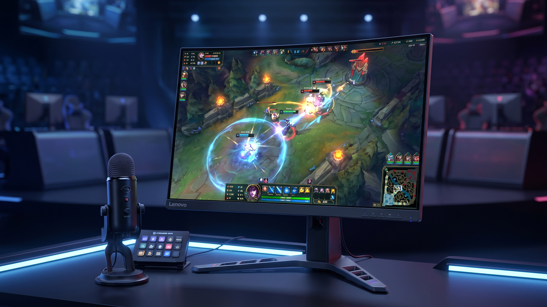 A Lenovo Legion gaming monitor displaying real-time game action on an arena setup.