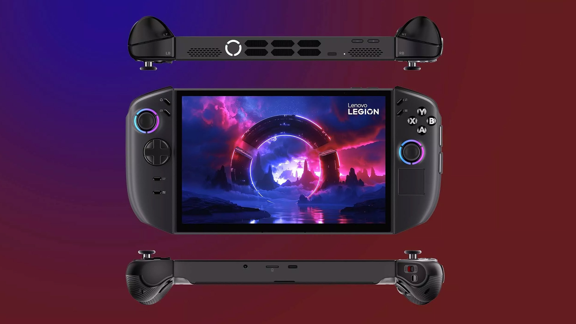 Front, top, and bottom views of the Lenovo Legion Go Gen 2 handheld gaming PC.