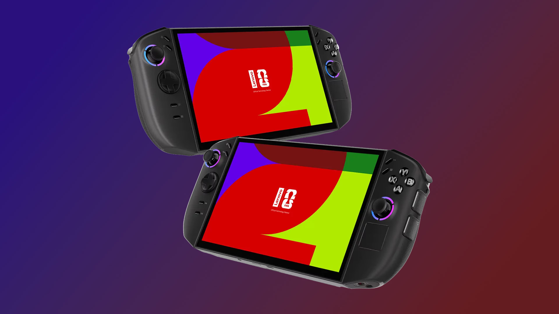 Two Lenovo Legion Go Gen 2 handheld gaming PCs shown floating at an angle.