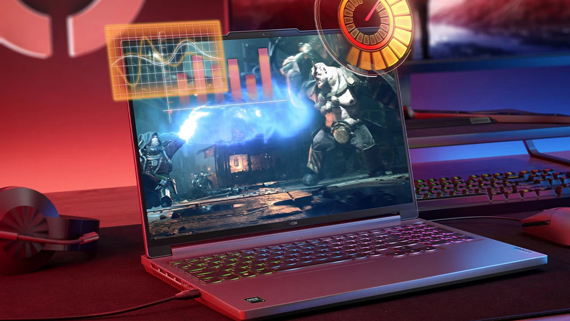 Lenovo Legion laptop showing a game with a digital performance monitoring graph overlay.