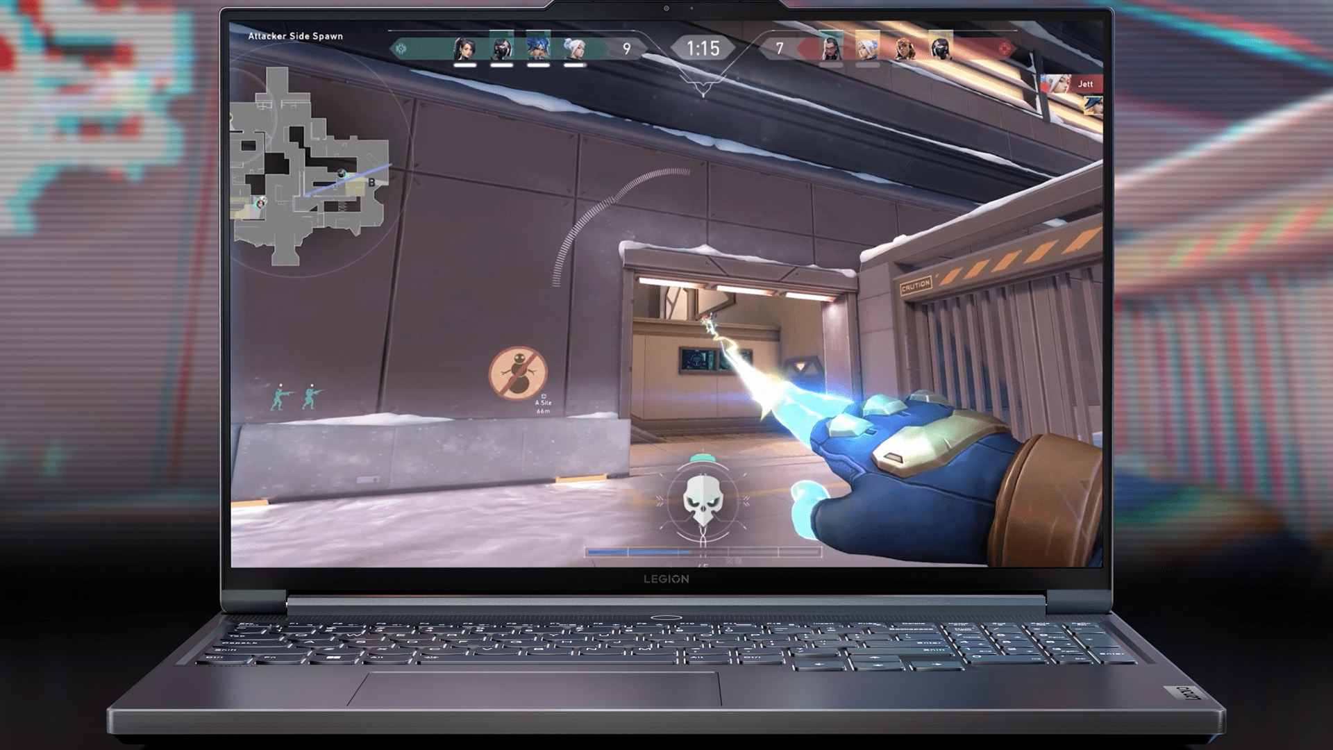 Front view of Lenovo Legion laptop screen displaying gameplay of Valorant.