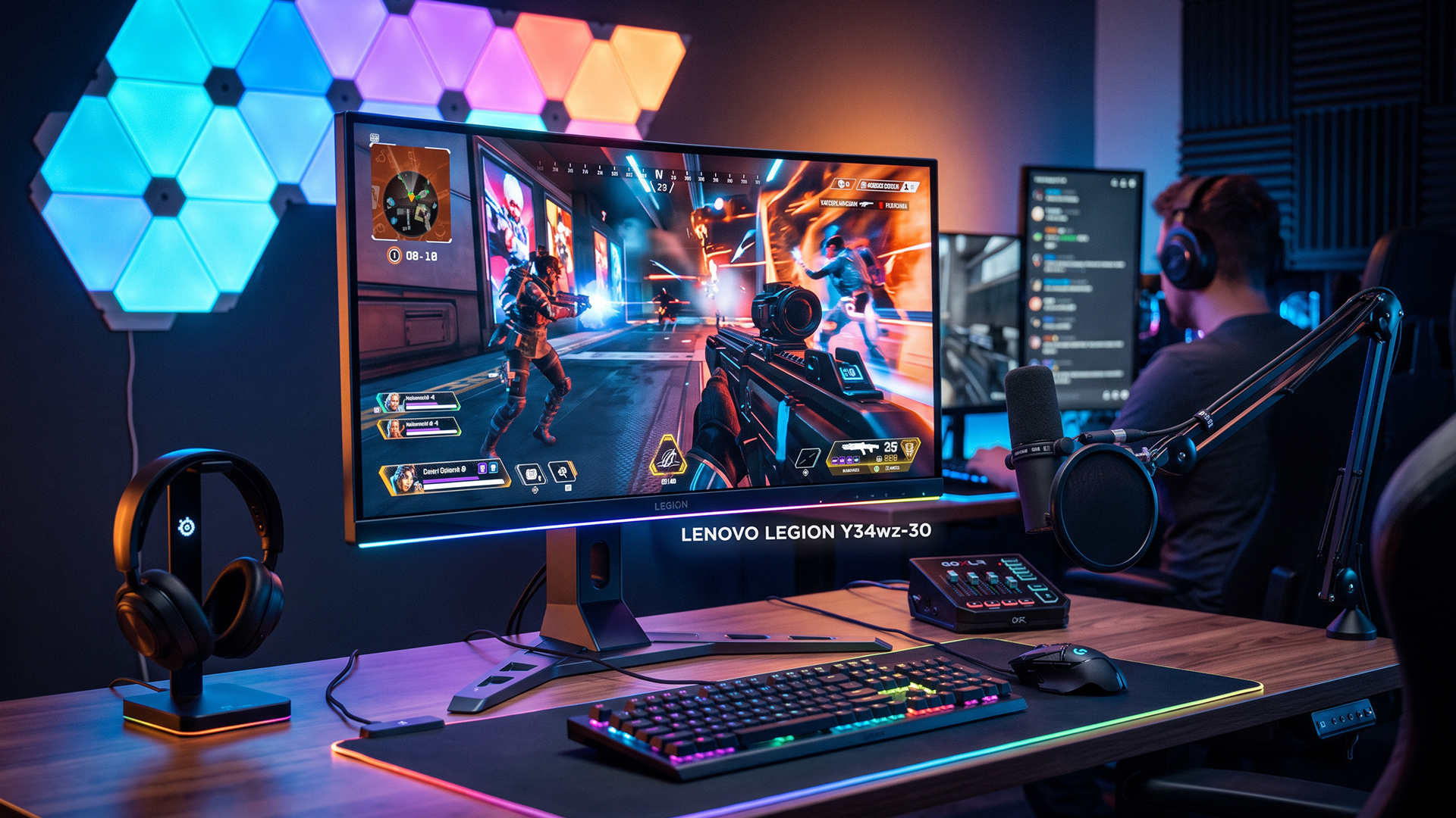 A Lenovo Legion monitor set up in a gamer's room featuring vibrant RGB lighting panels and a microphone.