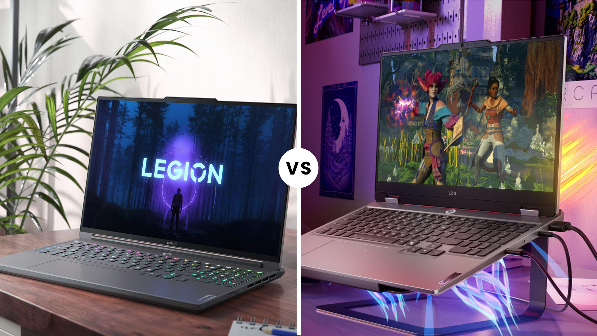 Side-by-side comparison of a Lenovo Legion gaming laptop and a Lenovo LOQ gaming laptop.