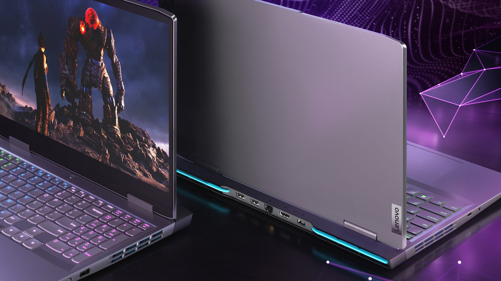 A Lenovo LOQ gaming laptop elevated on a cooling stand, displaying a vibrant fantasy game.