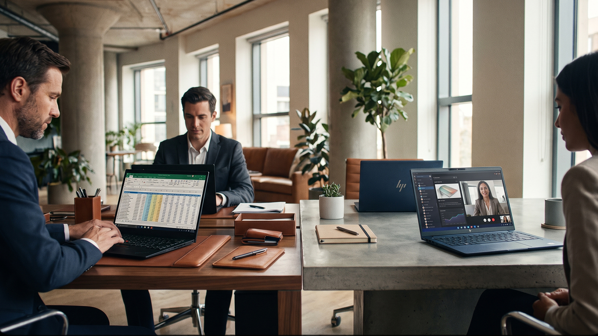 Professionals using Lenovo ThinkPad and HP EliteBook laptops in an office.