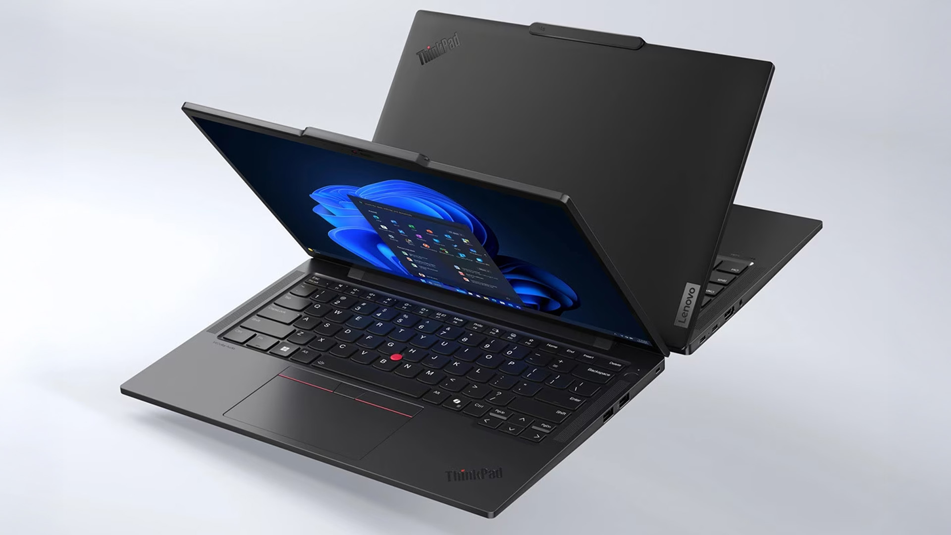 Lenovo ThinkPad laptop displayed open showing its keyboard and TrackPoint.