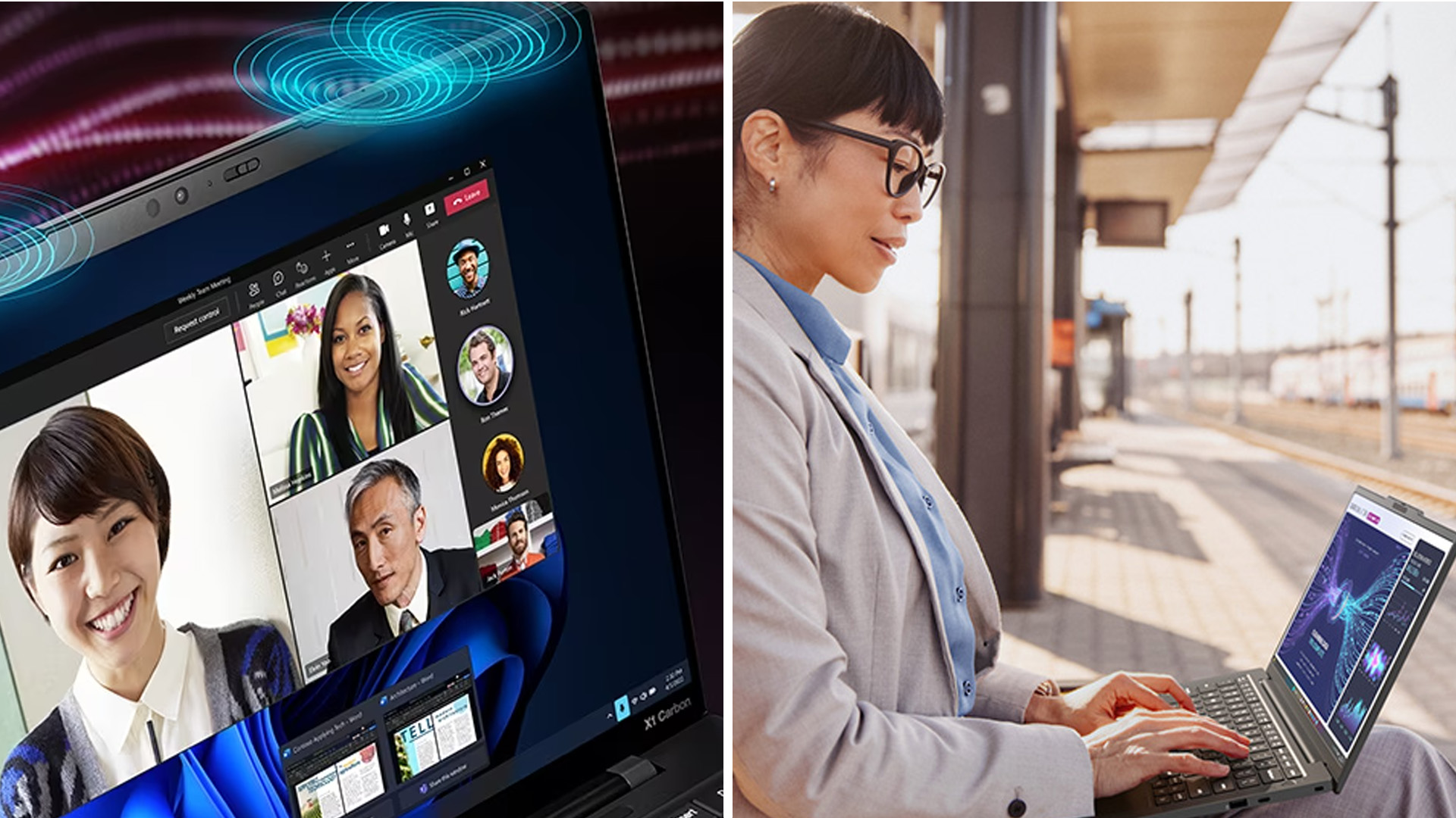 Split view of ThinkPad video call features and a professional working outdoors.