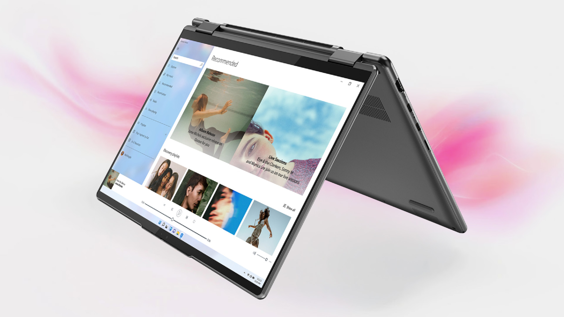 Lenovo Yoga 7 2-in-1 laptop displayed in tent mode on a clean surface.