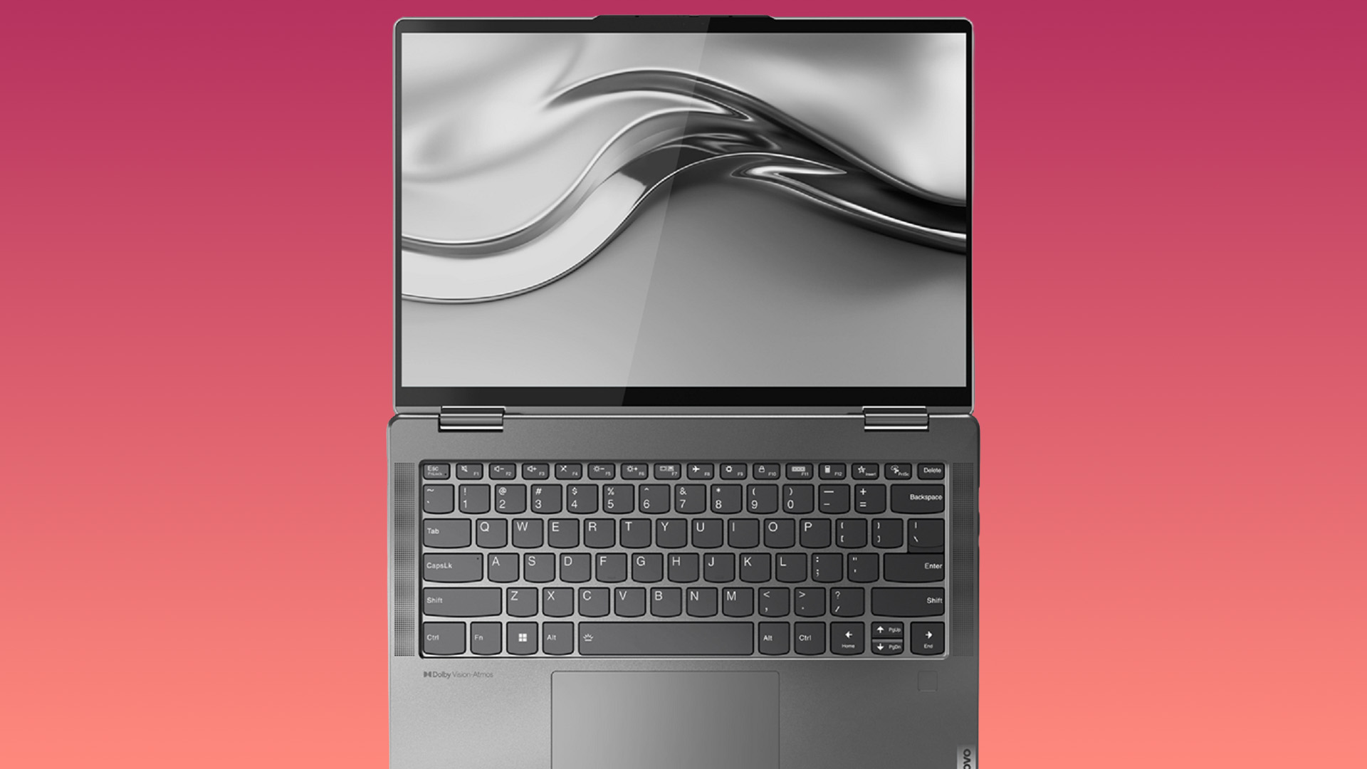 Top-down view of the Lenovo Yoga 7 keyboard, trackpad, and vibrant display.
