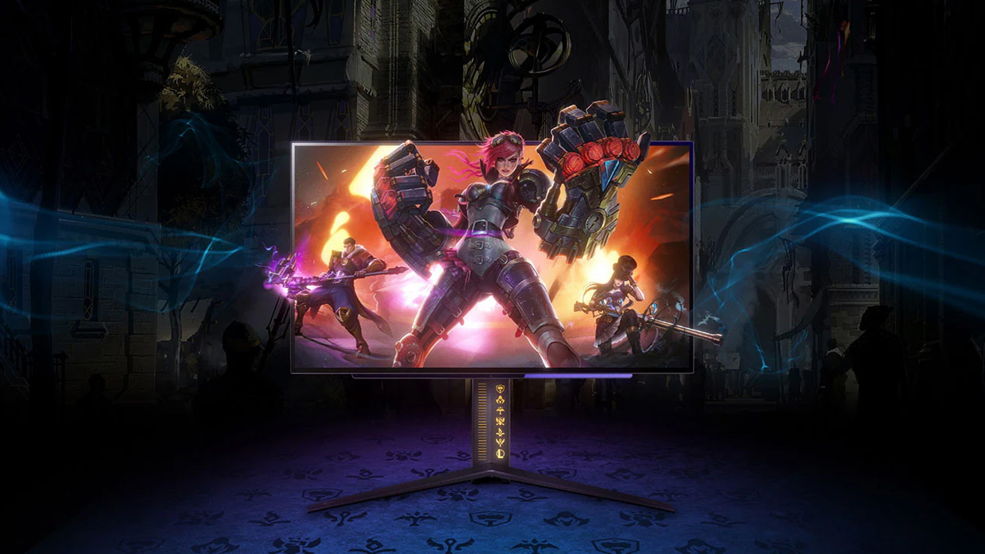 LG gaming monitor showing fantasy character artwork.