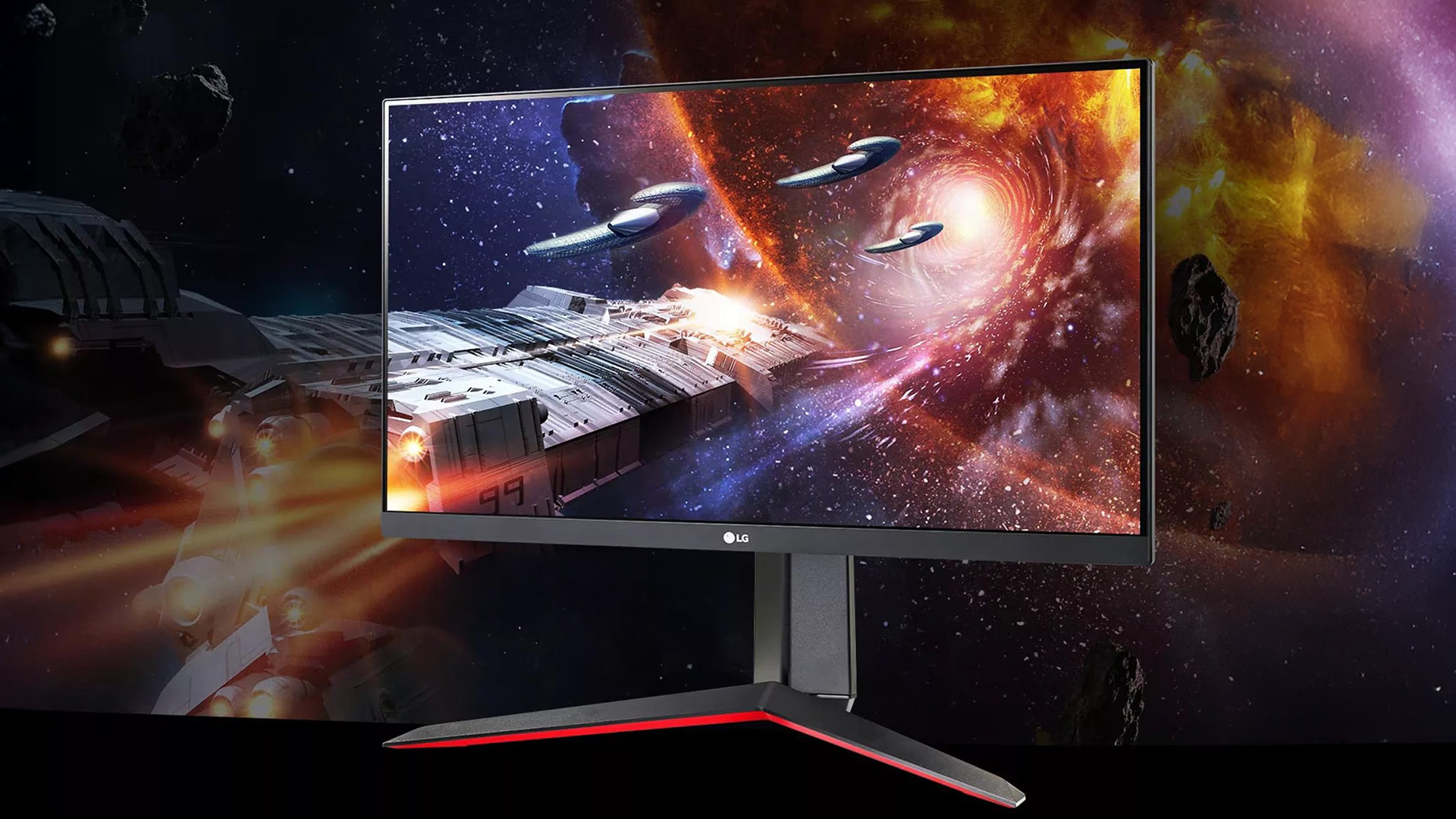 LG UltraGear gaming monitor displaying a space scene.