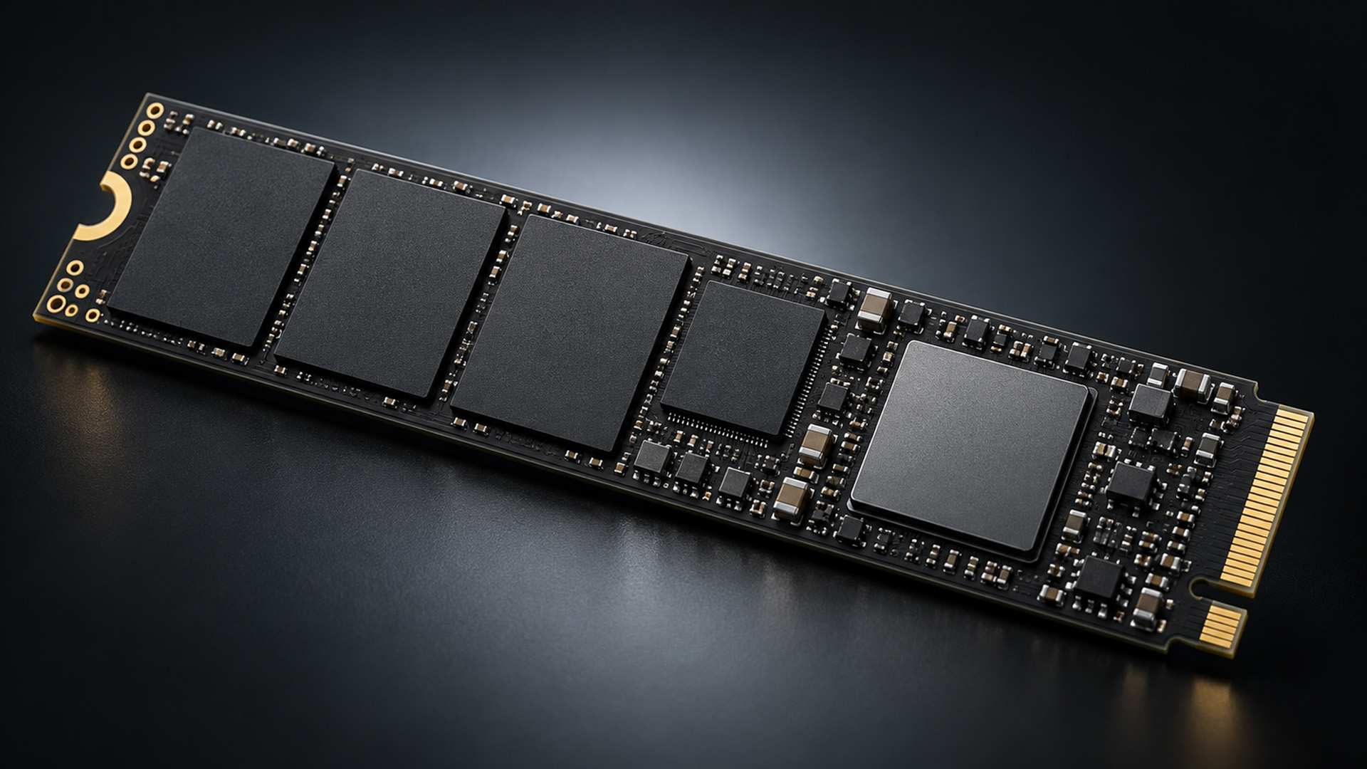 Close-up view of a high-performance M.2 NVMe solid state drive circuit board.