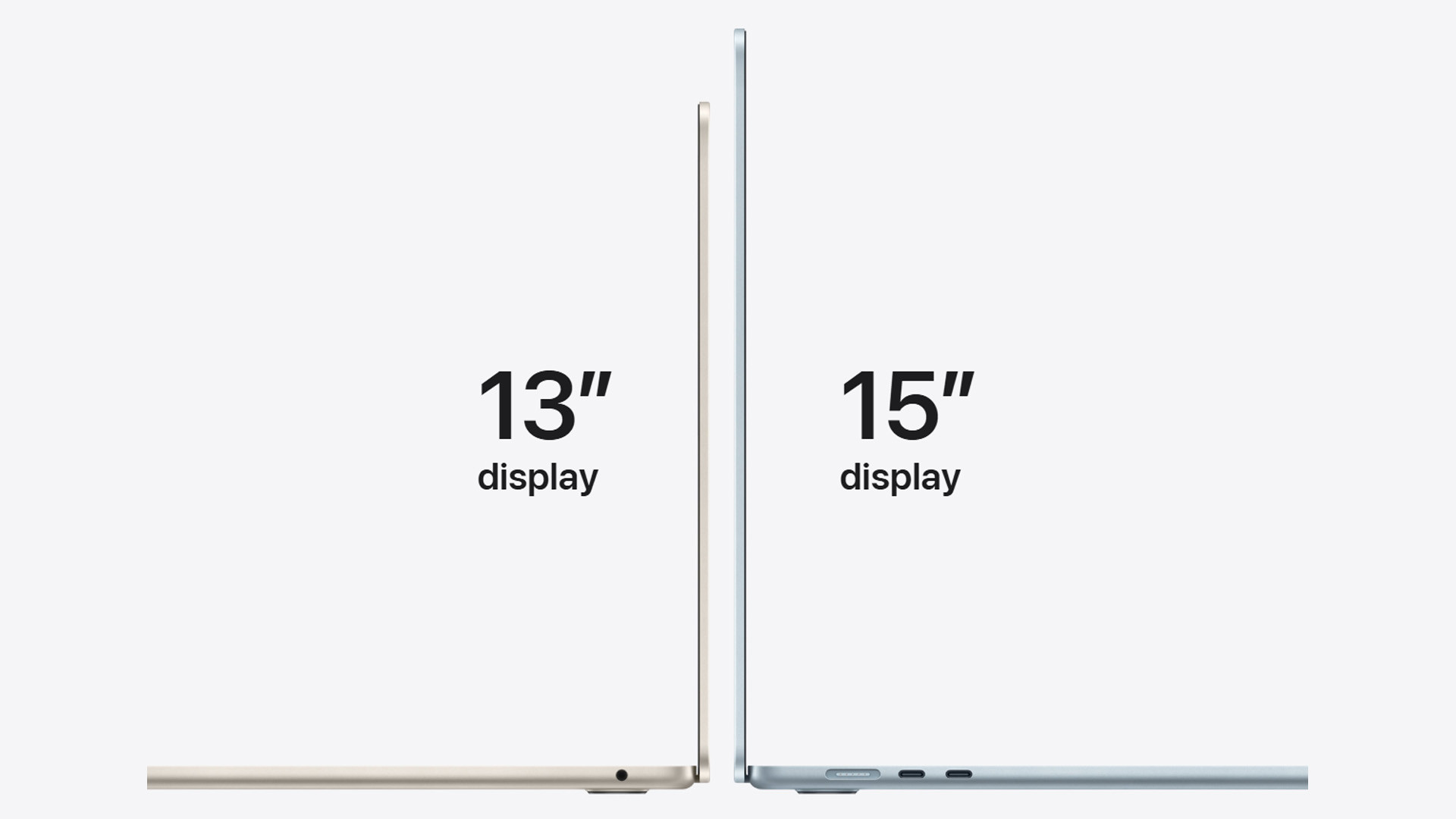 Side view comparing the 13-inch and 15-inch MacBook Air laptop sizes.