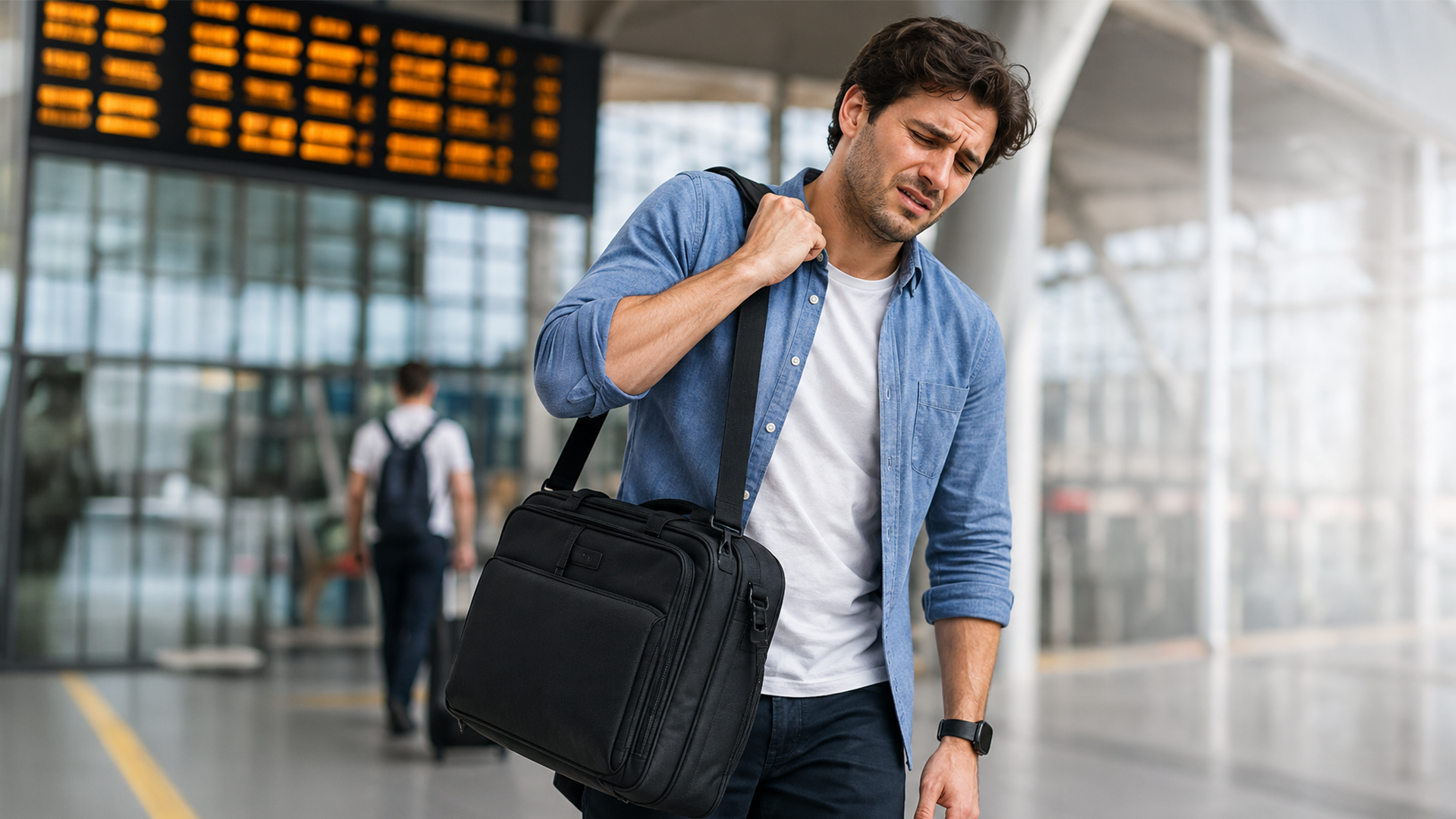 A frustrated man carrying a heavy laptop bag while walking through a train station.