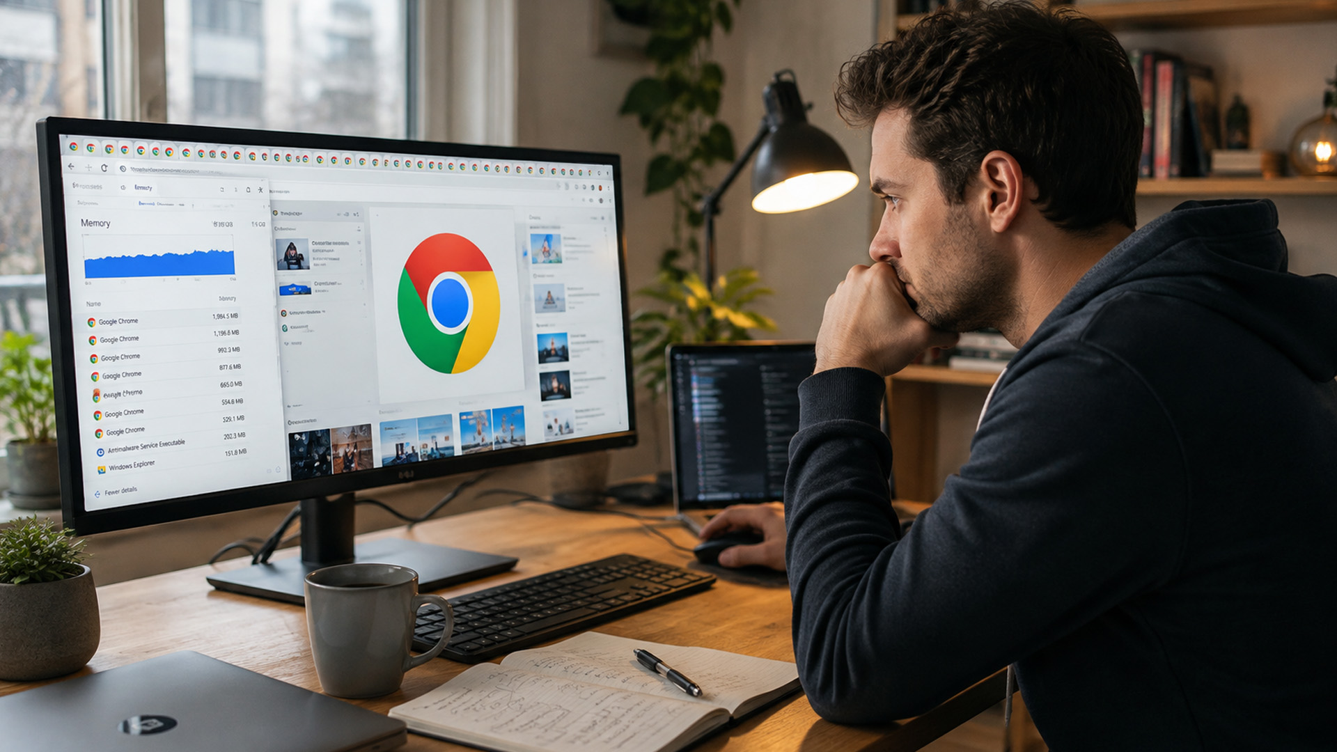 A man reviewing Chrome process memory on a large monitor.