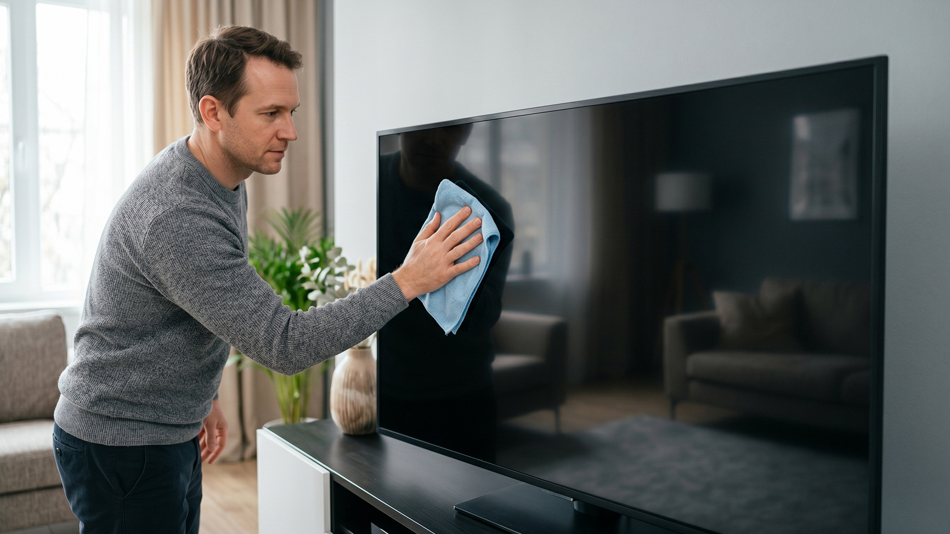 A man wiping a large television screen with a soft cloth at home.