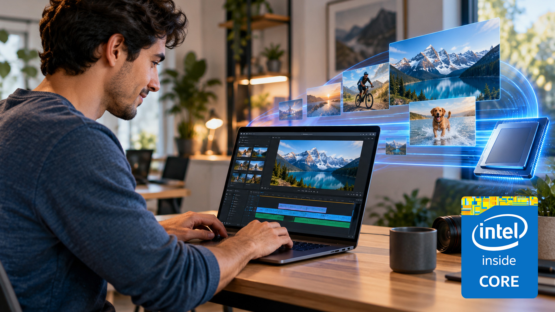 A video editor working on a timeline and color grading interface on a desktop monitor.